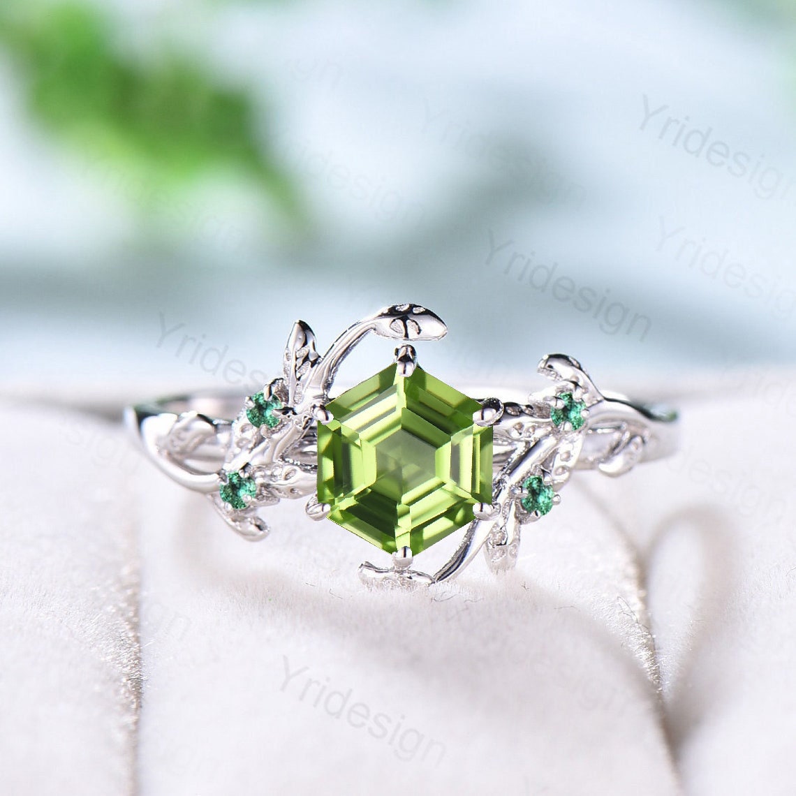Vintage Hexagon Cut Peridot Ring in Solid White Gold - Unique Emerald Cluster Engagement Ring for Women, Perfect for Weddings, Anniversaries & Special Occasions | Elegant Jewelry Gift for Her