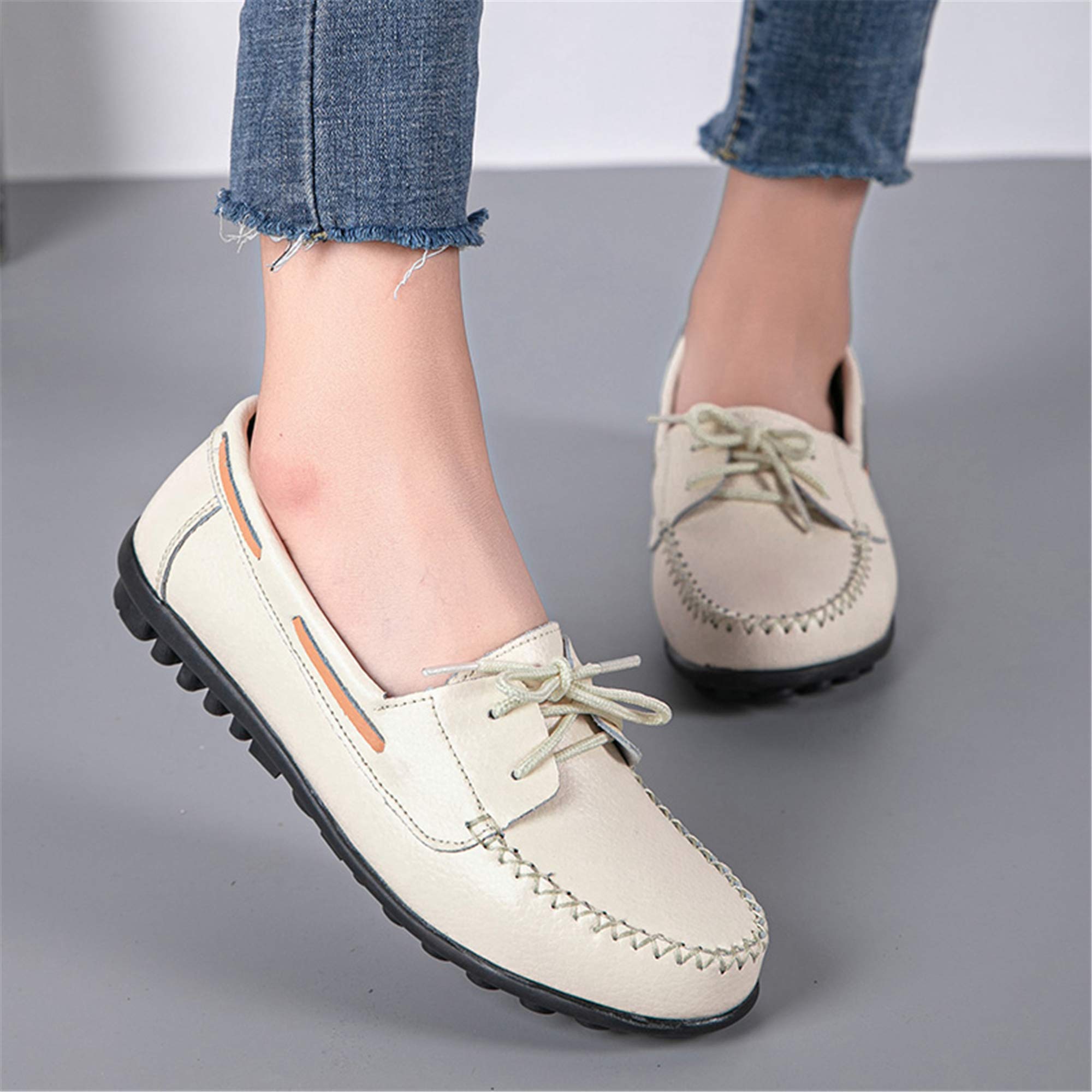 Women's Comfortable Leather Loafers - Slip On Soft Driving Shoes for Women - Casual Flat Shoes in Beige - Perfect for Work, Travel & Everyday Wear