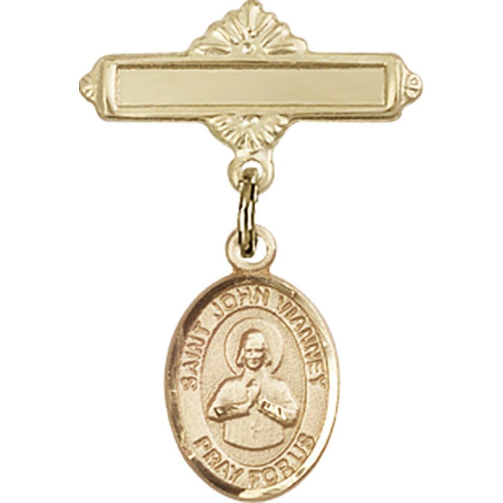 St. John Vianney Gold Filled Baby Badge - 1 X 5/8 Inch Religious Charm with Polished Pin - Perfect for Baptism Gifts, First Communion & Catholic Jewelry Collection