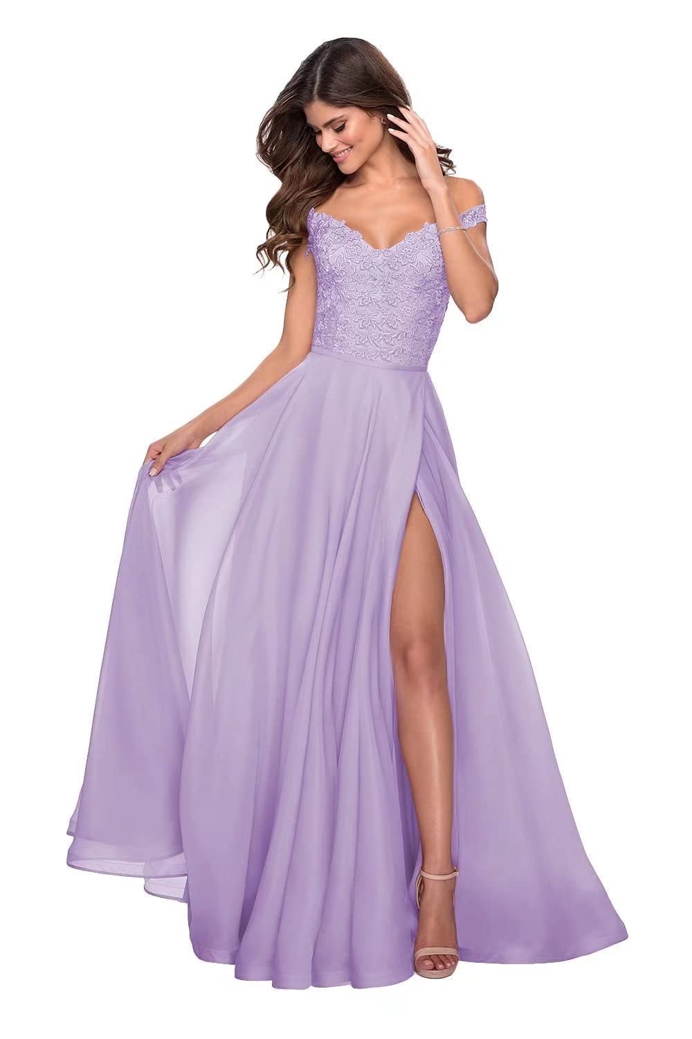 Verngo Off The Shoulder Chiffon Bridesmaid Dresses - Long Lace Applique Prom Gowns with Slit for Weddings, Formal Events & Evening Parties