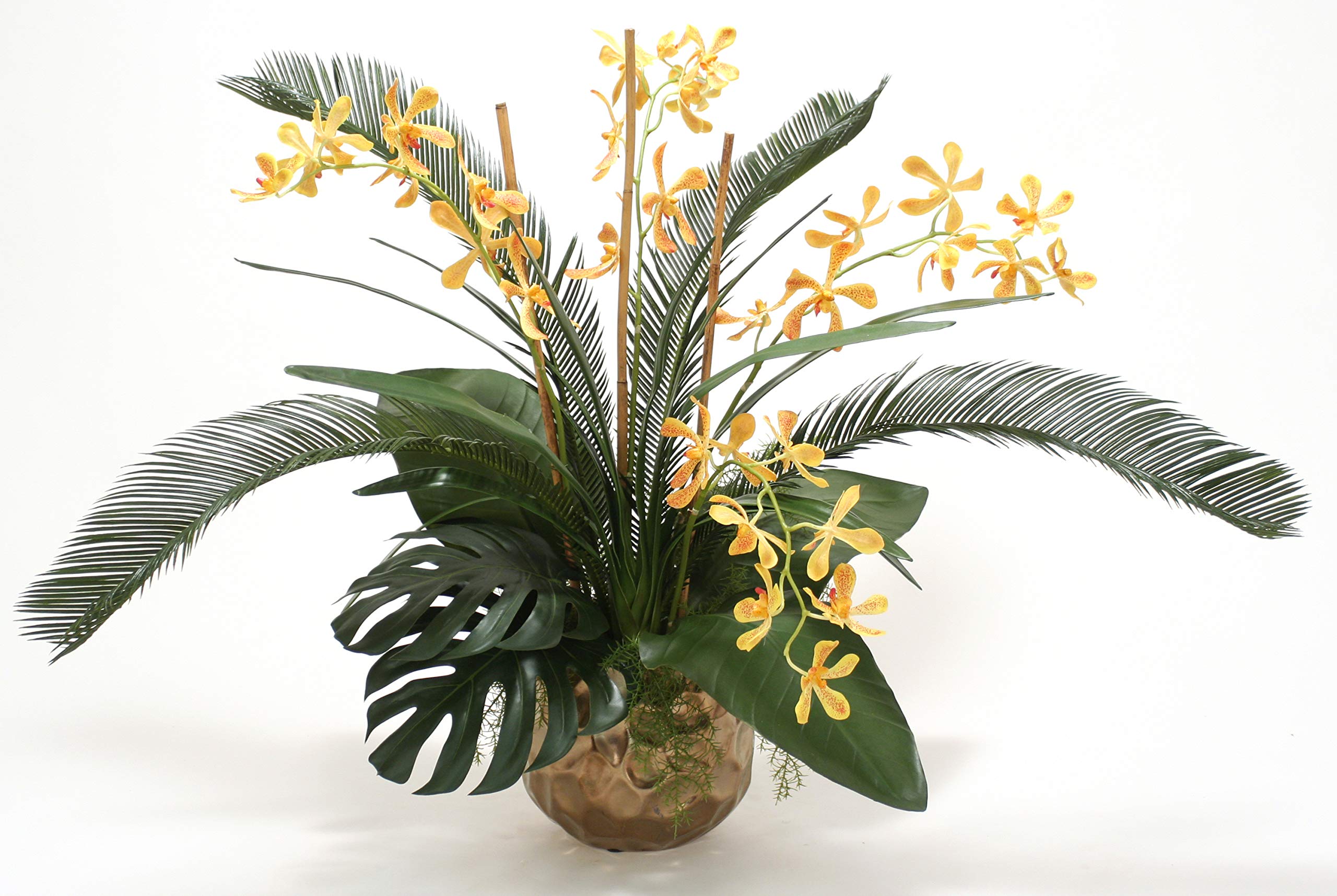 Exquisite Yellow Orange Vanda Orchid in Burnt Gold Gabbi Pot with Tropical Foliage - Perfect for Home Decor, Office Plants & Tropical Wedding Centerpieces