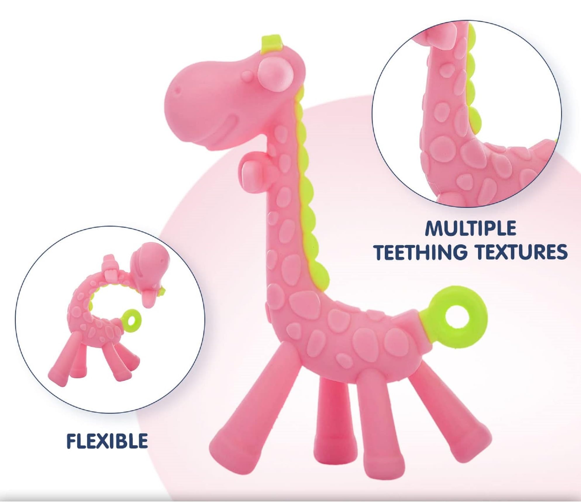 BabyGo Silicone Giraffe Teether - Soothing Teething Toy for Infants & Toddlers, BPA-Free Chewable Handheld Soother (Pink) - Perfect for On-the-Go Relief & Sensory Play