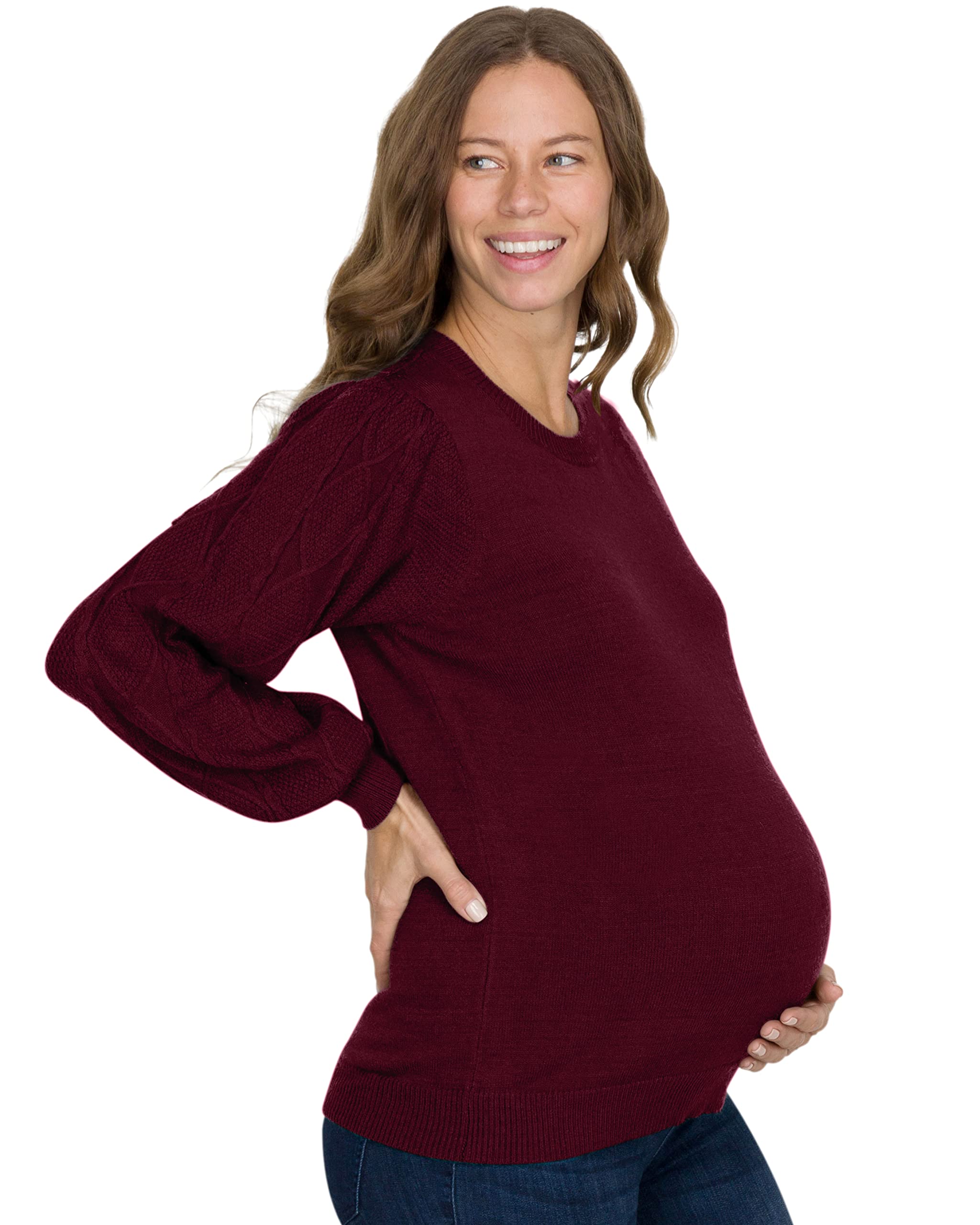 Eliana Cable Knit Sleeve Maternity Sweater - Soft Pregnancy Sweater for Women - Cozy Winter Maternity Clothes for Work & Family Gatherings