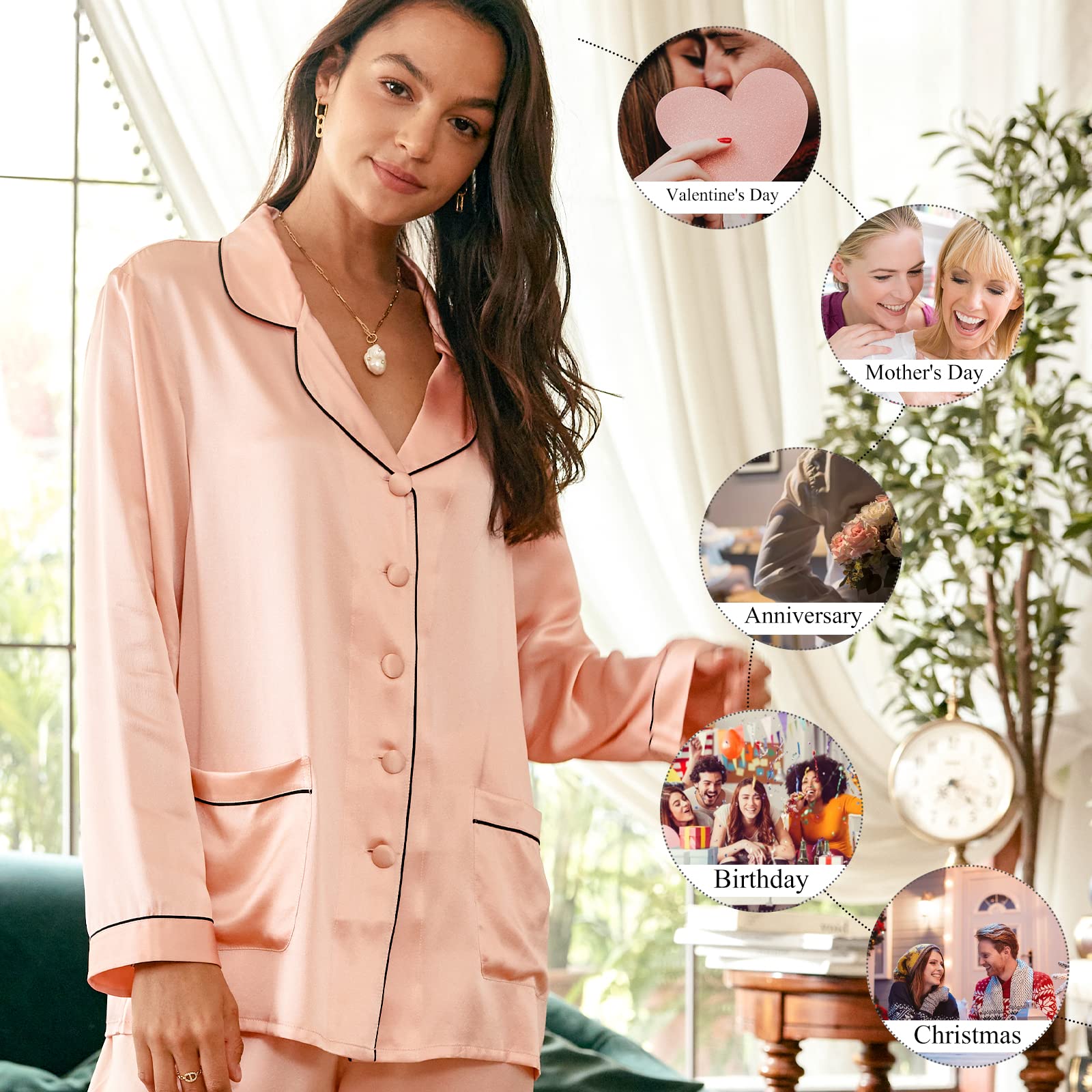 Luxury 100% Mulberry Silk Pajamas Set for Women - Slim Fit Long Sleeve Sleepwear & Loungewear - 22 Momme Silk Nightwear for Relaxation, Sleep & Home Comfort