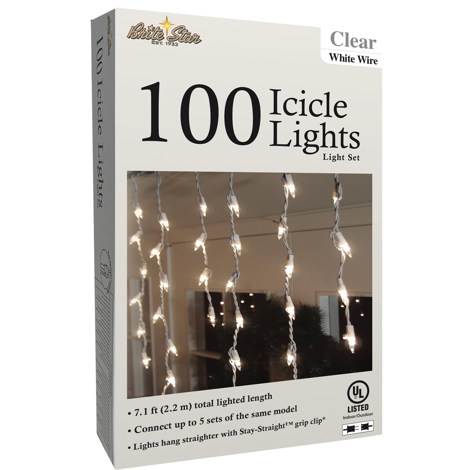 Brite Star 100-Count Stay-Straight Clear Window Icicle Christmas Lights Set - White Wire Mini LED Lights for Indoor Outdoor Holiday Decorations
