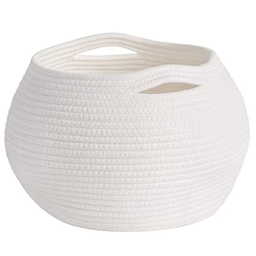 Goodpick Small Cotton Rope Storage Basket - White Round Organizer for Socks, Dog Toys & Towels | Cute Nursery Basket for Baby Clothes | Perfect for Living Room, Bedroom & Bathroom Decor | 10 x 8.3 Inches | Handmade Home Organization Solution