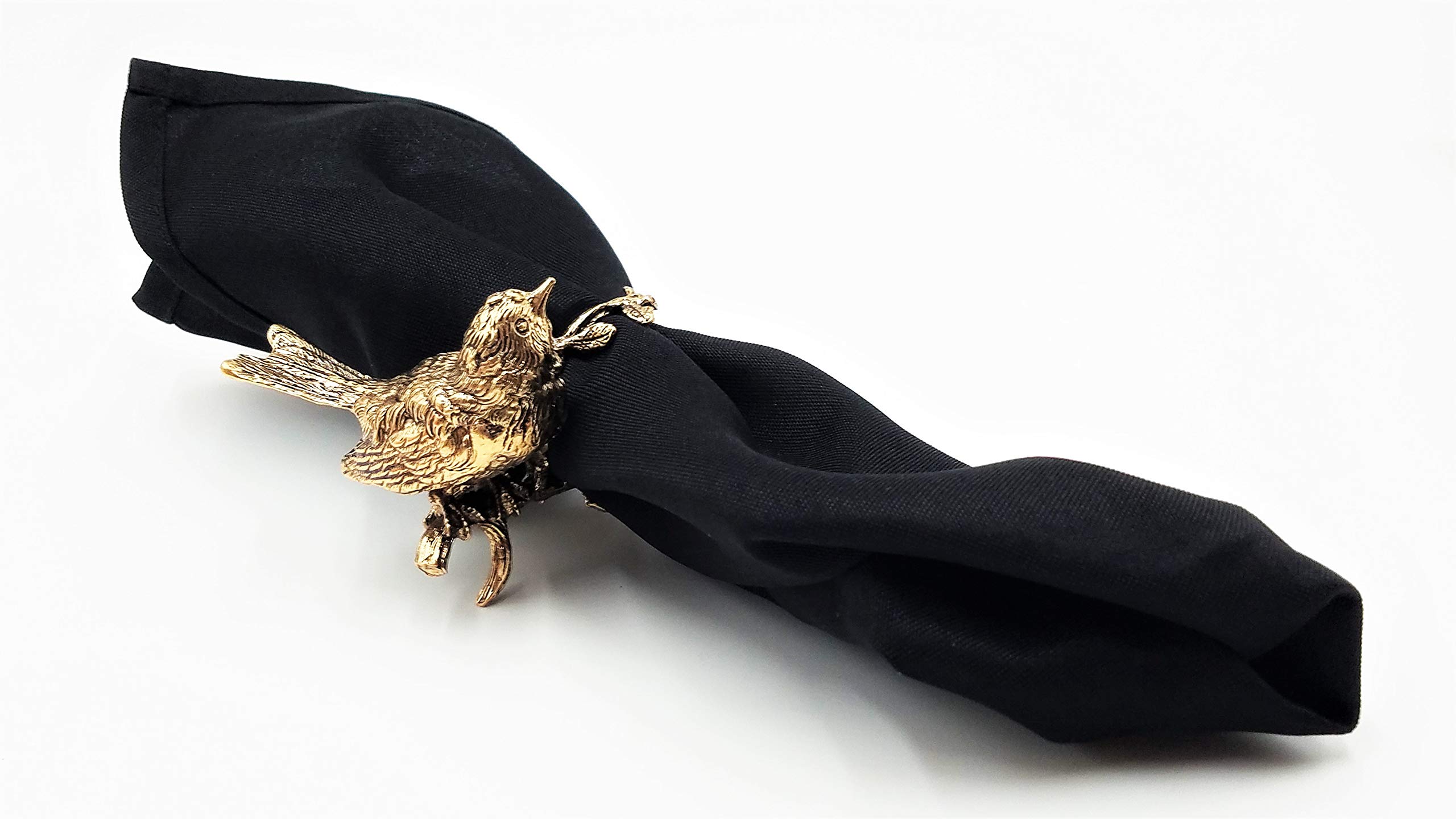 Antique Gold Metallic Napkin Rings Set of 4 - Bird & Circular Branch with Leaves Design - Elegant Tableware for Dinner Parties, Weddings, and Holiday Place Settings