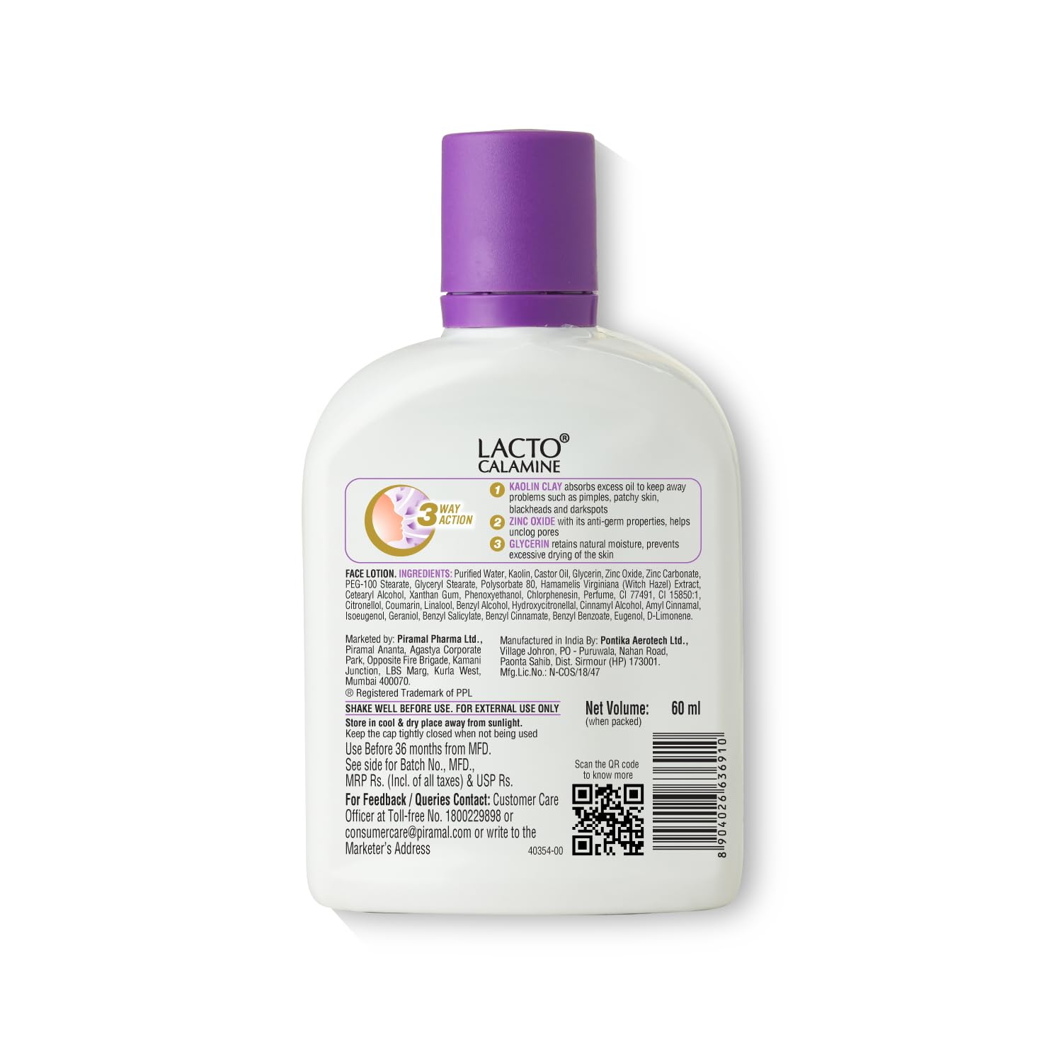 Lacto Calamine Face Lotion for Oily Skin - 60ml Daily Moisturizer with Kaolin Clay, Glycerin & Zinc Oxide - Oil Control, Acne Treatment for Pimples, Dark Spots & Blackheads - Perfect for Daily Skincare Routine & Travel-Friendly Size