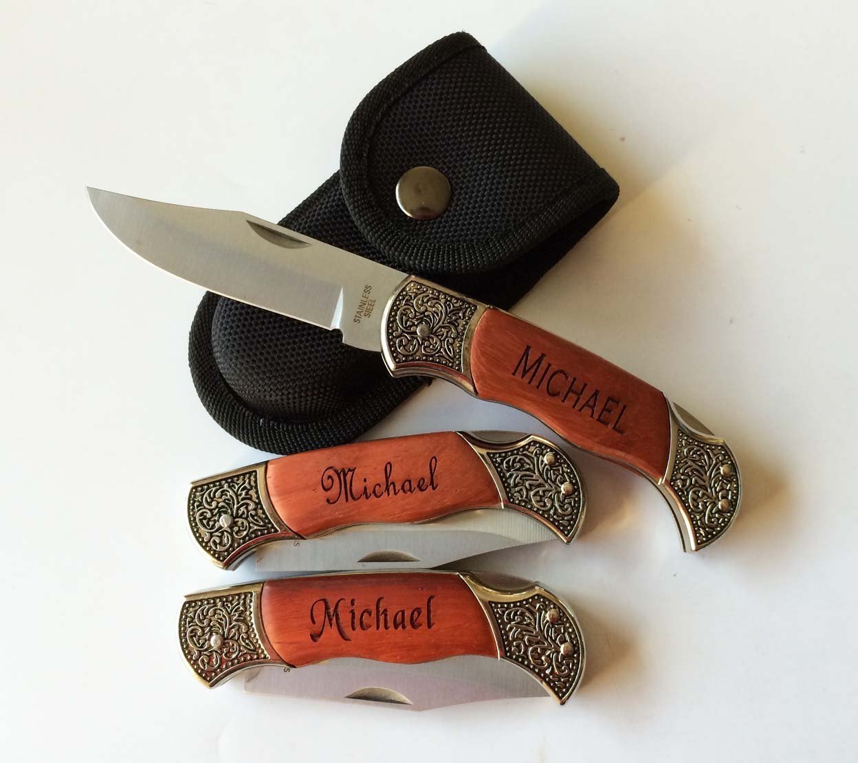 8-Piece Personalized Engraved Pocket Hunting Knife Set - Rosewood Handle, Groomsmen Gifts for Outdoor Enthusiasts (Perfect for Camping, Hunting & Wedding Party Favors)