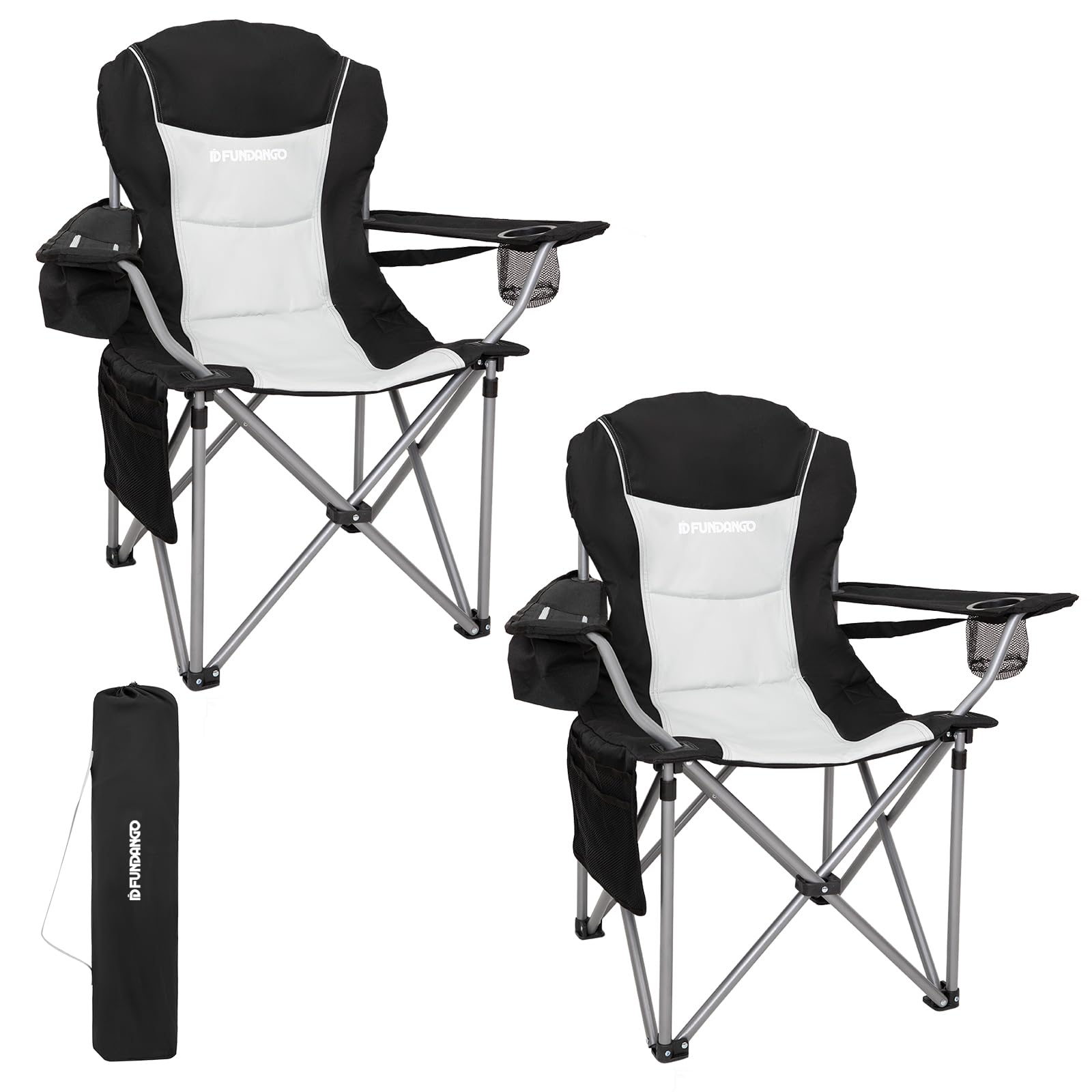 FUNDANGO Folding Camping Chair with Padded Seat, Cup Holder & Cooler Bag - Adjustable High Back Recliner for Outdoor, Fishing, Garden, Picnic & Beach Use