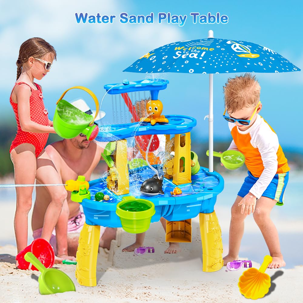 VATOS 3-Tier Sand & Water Play Table for Kids - Outdoor Water Toys with Pump & Umbrella - Sensory Activity Table for Toddlers Boys & Girls - Perfect for Backyard, Garden & Summer Water Play