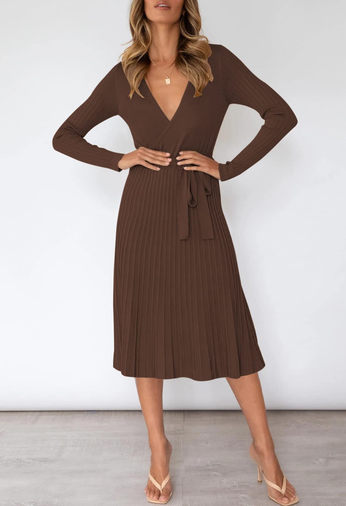 Pink Queen Women's Wrap Sweater Dress - V Neck Long Sleeve Ribbed Knit Midi Dress with Belt | Casual Office Wear, Fall Winter Fashion, Date Night Outfit