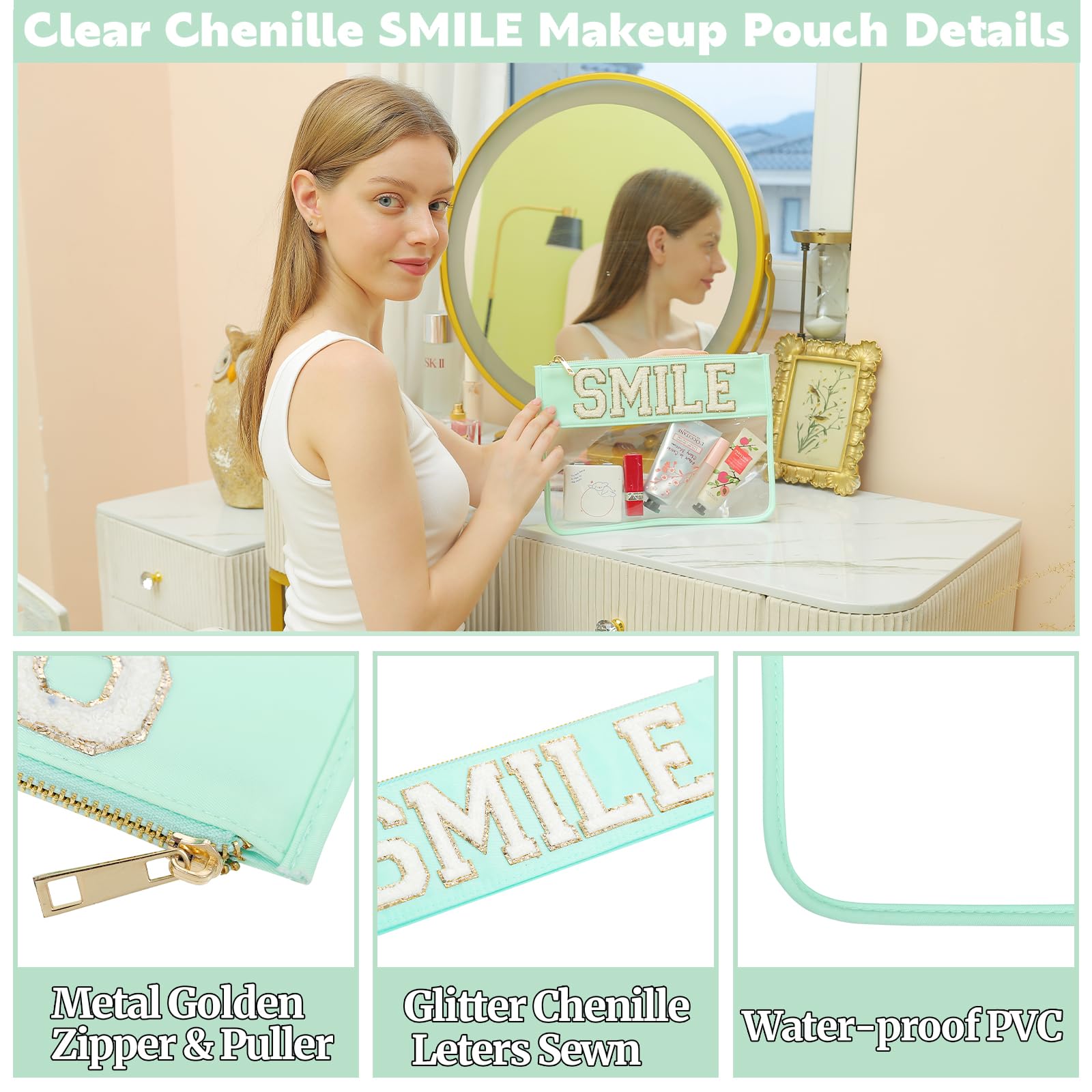 Glitter Chenille Clear Makeup Bag - Transparent Toiletry Travel Organizer with Nylon Zipper for Sunscreen, Cosmetics & Preppy Essentials (Mint Green) - Perfect for Women's Travel, Gym & Daily Beauty Storage