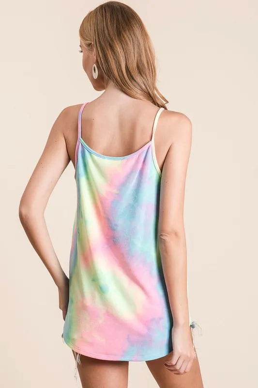 BiBi Tie Dye Terry Caged Neck Knit Camisole Top - Women's Fashion Summer Boho Crop Tank - Perfect for Beach, Music Festivals & Casual Outings