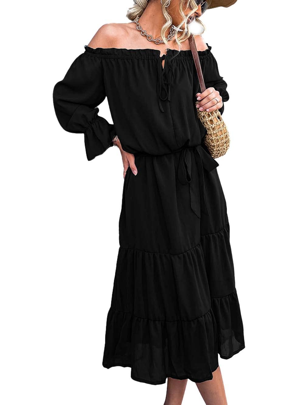 Women's Midi Off Shoulder Ruffle Long Sleeve Summer Dress - Solid Color Loose Fit Tiered Tunic with Tie Neck | Perfect for Beach Vacations, Date Nights & Summer Parties