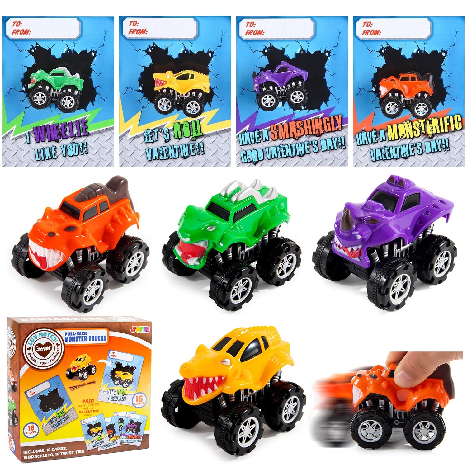 JOYIN 16 Pack Pull Back Monster Truck Toys for Kids - Valentine's Day Party Favors, Classroom Prizes & Gifts for Boys | Mini Toy Trucks for Birthday Parties, School Rewards & Holiday Celebrations