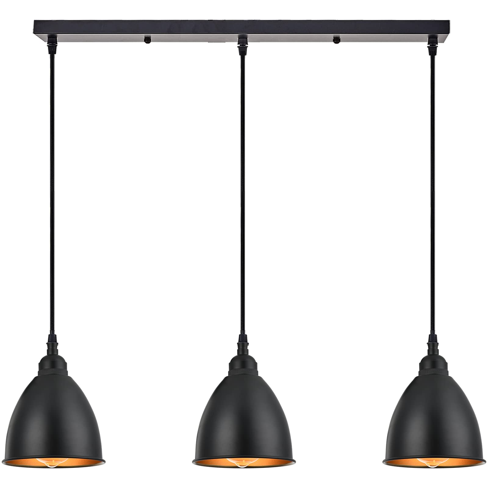 Terleenart 3-Light Industrial Farmhouse Kitchen Island Pendant Light - Matt Black Metal Bell Shade with Golden Accents, Hanging Chandelier for Dining Room, Table, Staircase & Hallway | Perfect for Modern Farmhouse Decor & Kitchen Lighting