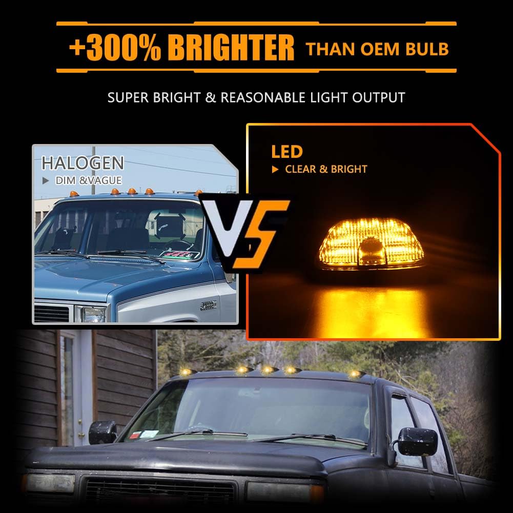 Smoked Amber LED Cab Roof Marker Lights for 1988-2002 Chevy/GMC C/K 1500-5500 Pickup Trucks - 5-Piece Clearance Running Light Kit with Durable Lens - Perfect for Night Driving & Enhanced Truck Visibility