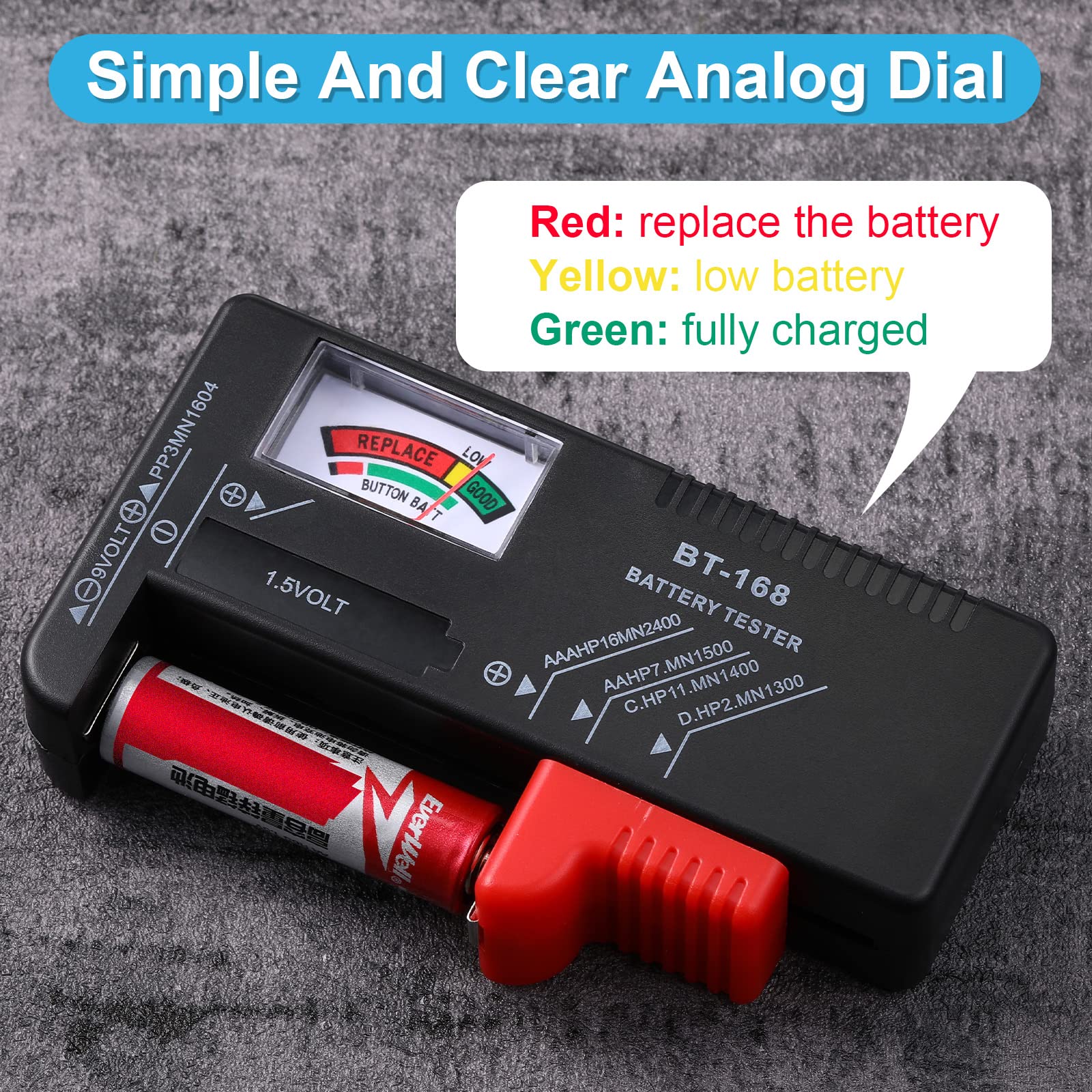 2 Pack Universal Battery Tester - Voltage Checker for AA AAA C D 9V 1.5V & Button Cell Batteries | Home, Office, Travel & Emergency Use