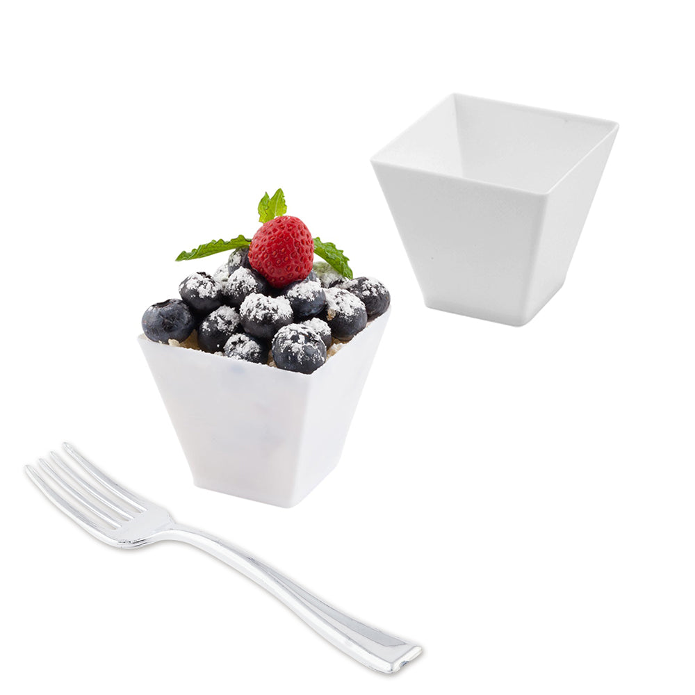100 Pack 2 oz Square White Plastic Mini Kova Cups with 100 Silver Plastic Mini Forks - Perfect for Party Favors, Baby Showers, Dessert Cups, and Cocktail Serving