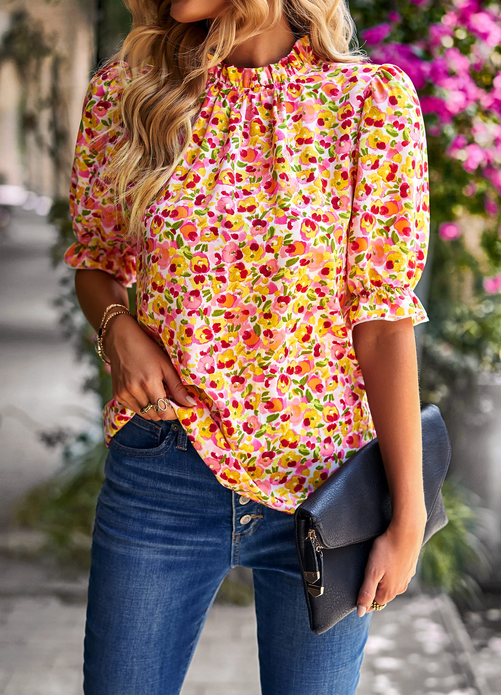 BTFBM Women's Boho Summer Tops & Long Sleeve Casual Blouses - Pink Medium Shirt for Beach Vacation, Music Festival & Everyday Wear