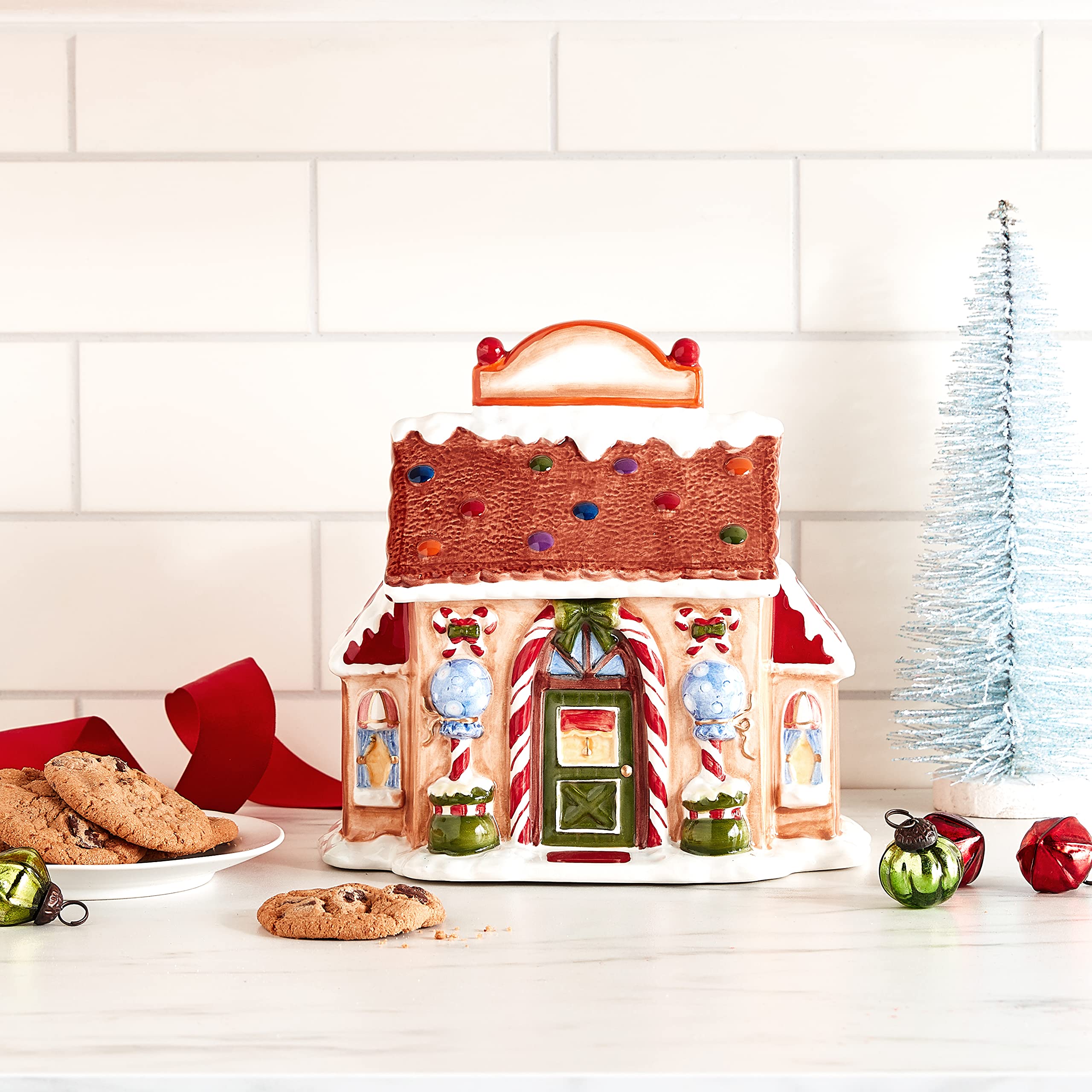 8.5-Inch Ceramic Santa's Village Candy Jar - Christmas Holiday Decor & Gift for Home, Office, or Party Treats