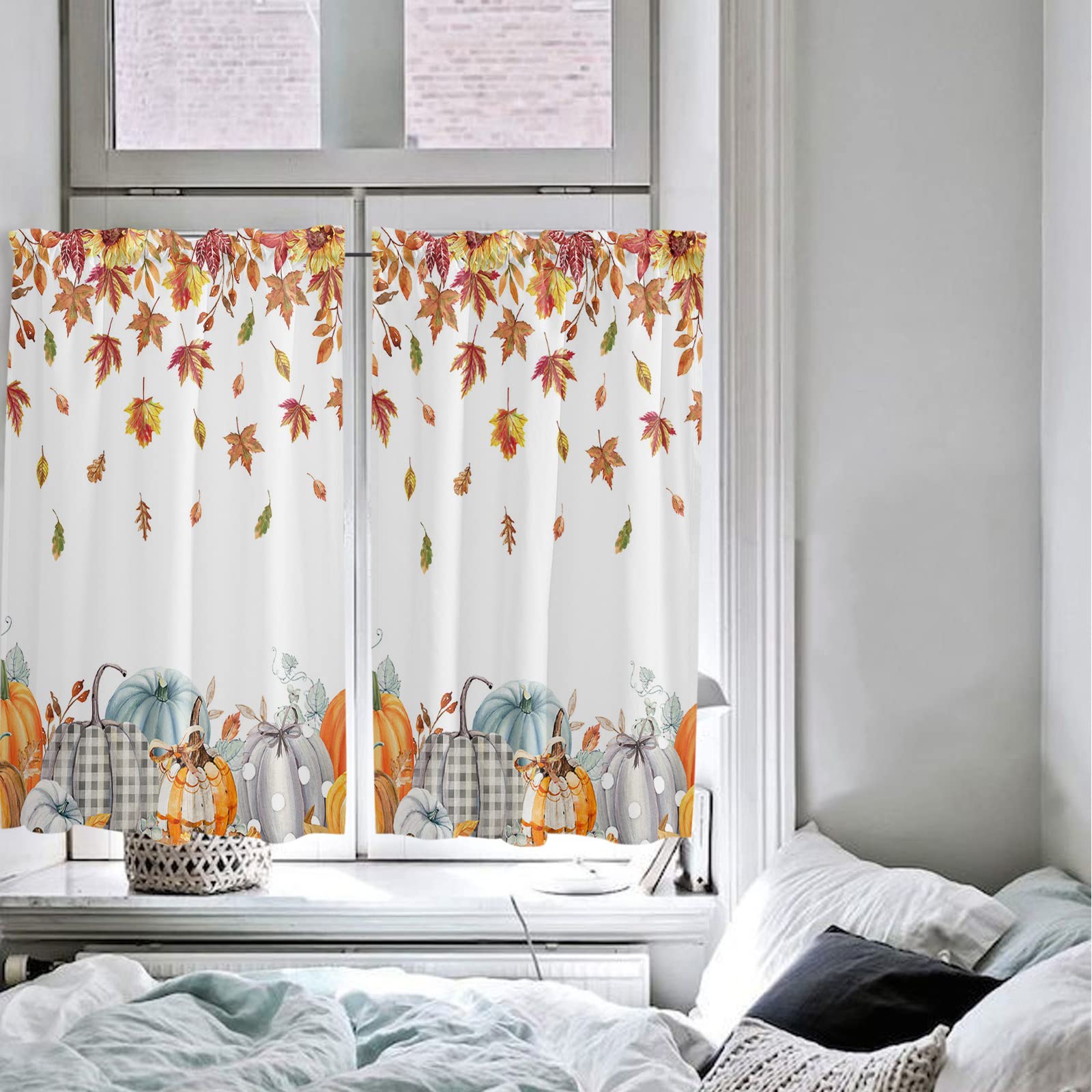 Thanksgiving Fall Kitchen Curtains 45 Inch - Orange Pumpkin Maple Leaf Sunflower Short Cafe Tier Curtain Panels with Rod Pocket, Set of 2 - Perfect for Autumn Window Decor & Seasonal Home Dining Room Decorations