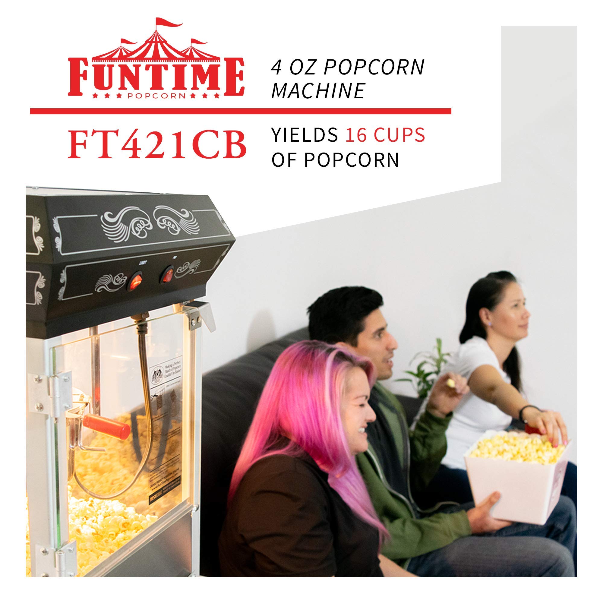 FunTime Carnival Style 4-Ounce Hot Oil Popcorn Machine - Black Commercial Popcorn Maker for Movie Nights, Parties & Events