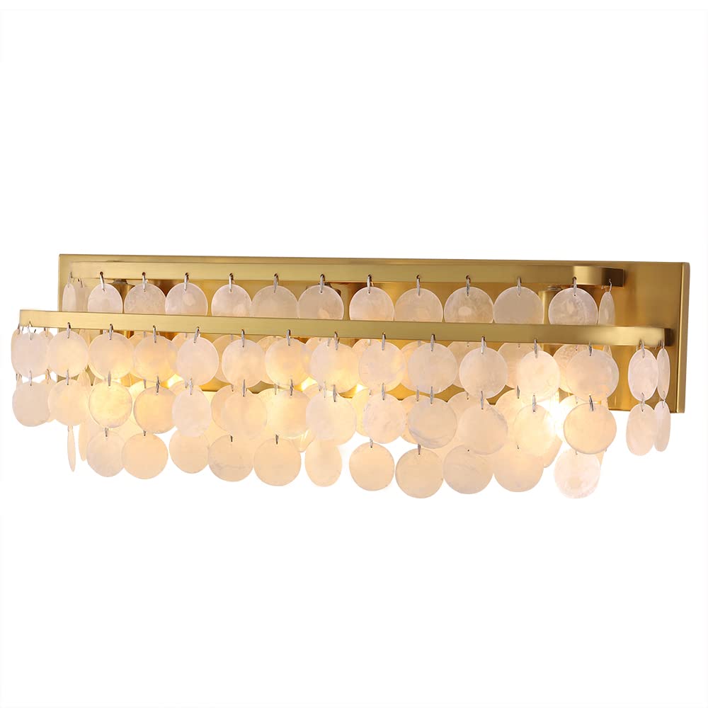 TOCHIC 3-Light Vanity Mirror Light with Natural Capiz Shell Shade, Brushed Gold Dimmable Bathroom Lighting Fixture - Modern Wall Sconce for Makeup Vanity, Powder Room, Bedroom & Living Room (23 Inch Wide) | Perfect for Soft Ambient Lighting & Elegant Home Decor