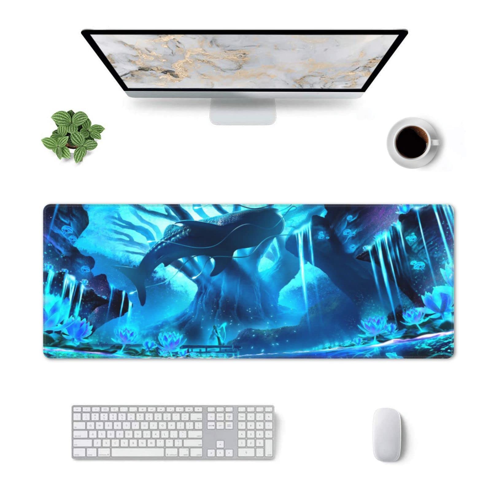 Blue Whale Print XL Gaming Mouse Pad - Extended Non-Slip Desk Mat with Stitched Edges & Water Resistant Surface (31.5