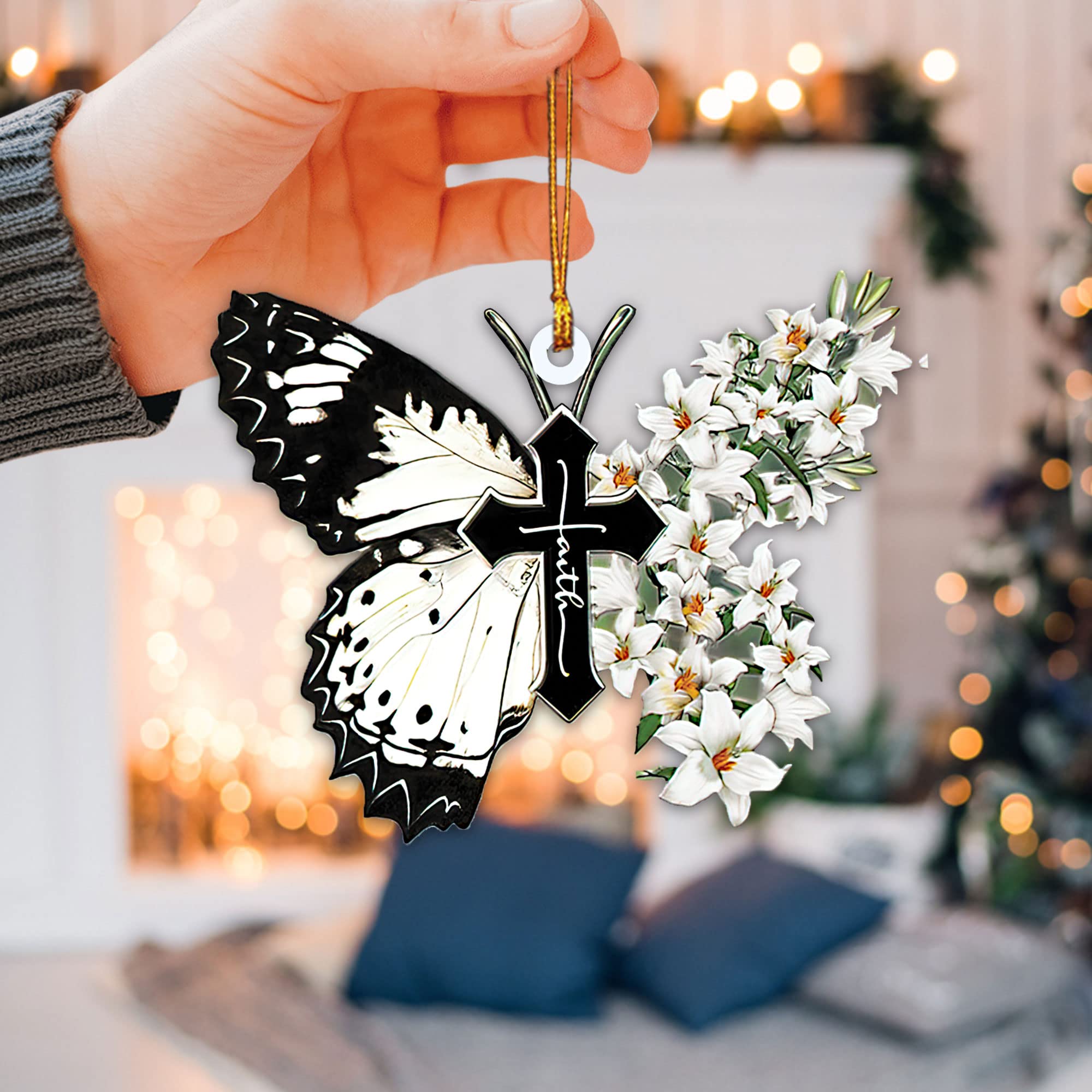 Talataca White Lily Butterfly Faith Jesus Cross Christian God 2D Flat Car Rearview Mirror Charm - Religious Car Accessory for Christian Believers, Christmas Tree Ornament & Home Decor Gift - Perfect for Vehicles, Holiday Decorations and Spiritual Gifting