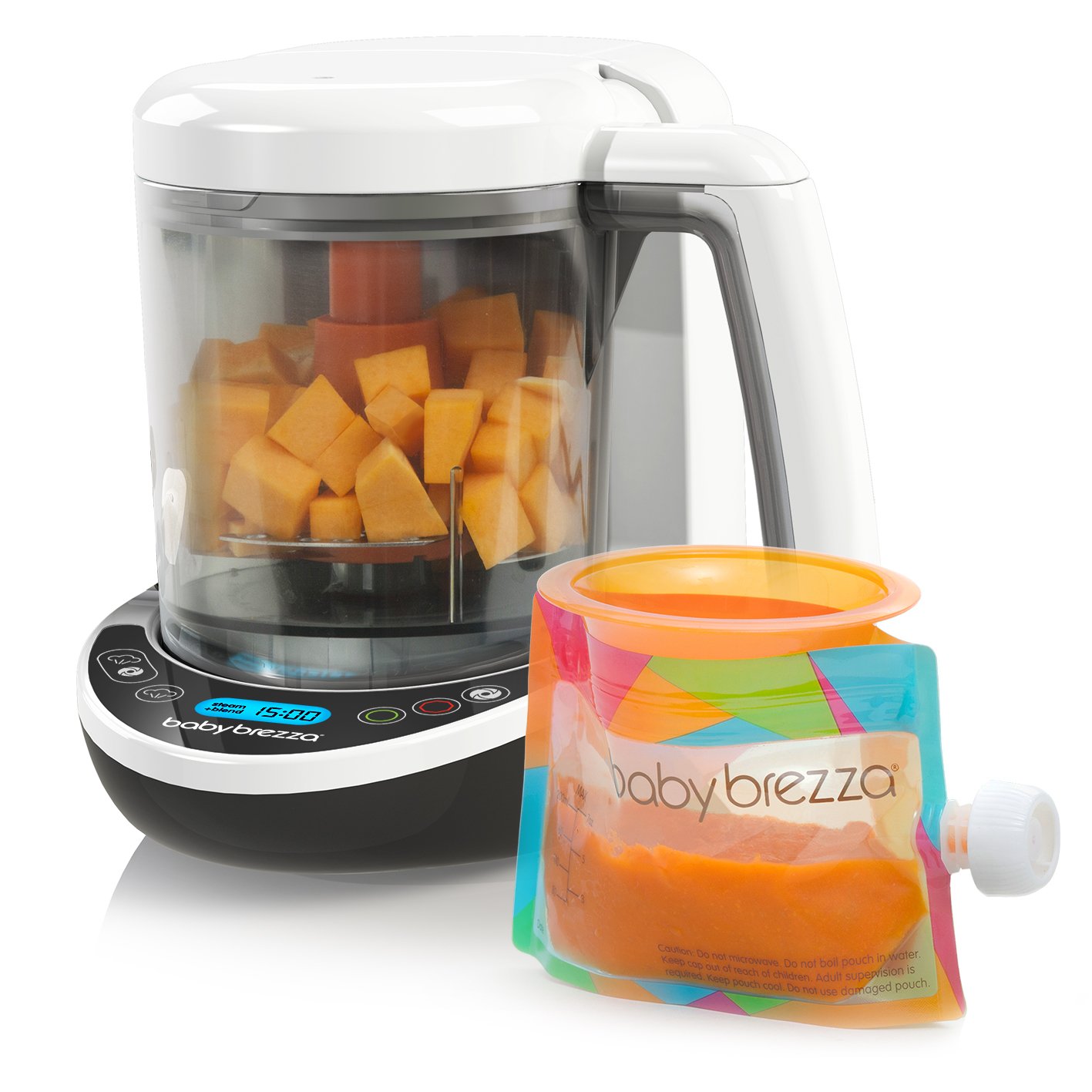 Baby Brezza All-in-One Baby Food Maker & Blender - Steam Cook & Puree Organic Infant Food for Pouches - Includes 3 Reusable Pouches + Funnels - Perfect for Homemade Baby Purees & Toddler Meals
