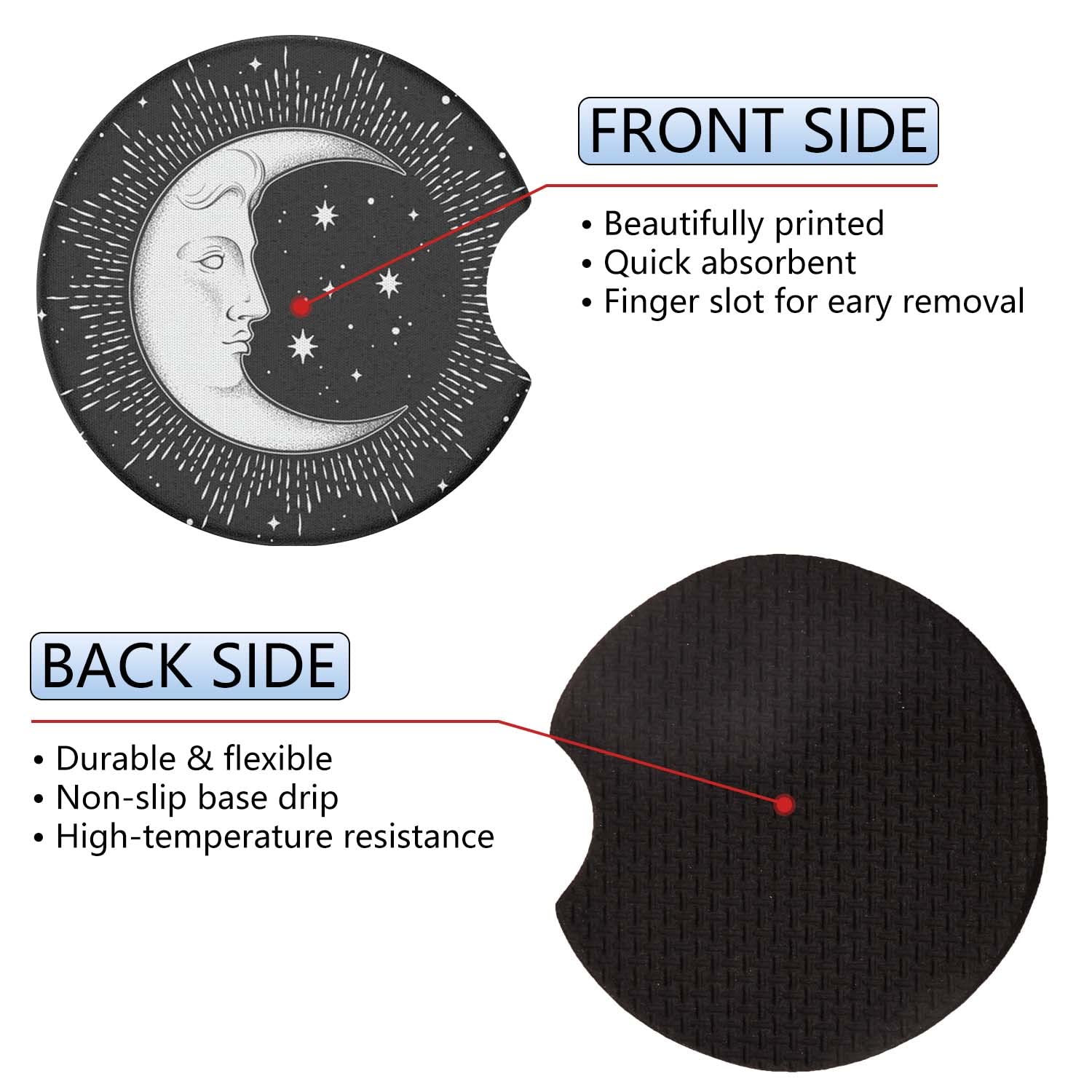 2 Pack Absorbent Car Cup Holder Coasters - Cute Moon Man Anime Cartoon Character Design, Rubber Non-Slip Automotive Accessories for Women & Men | Perfect Gift for Car Lovers, Office Use & Travel