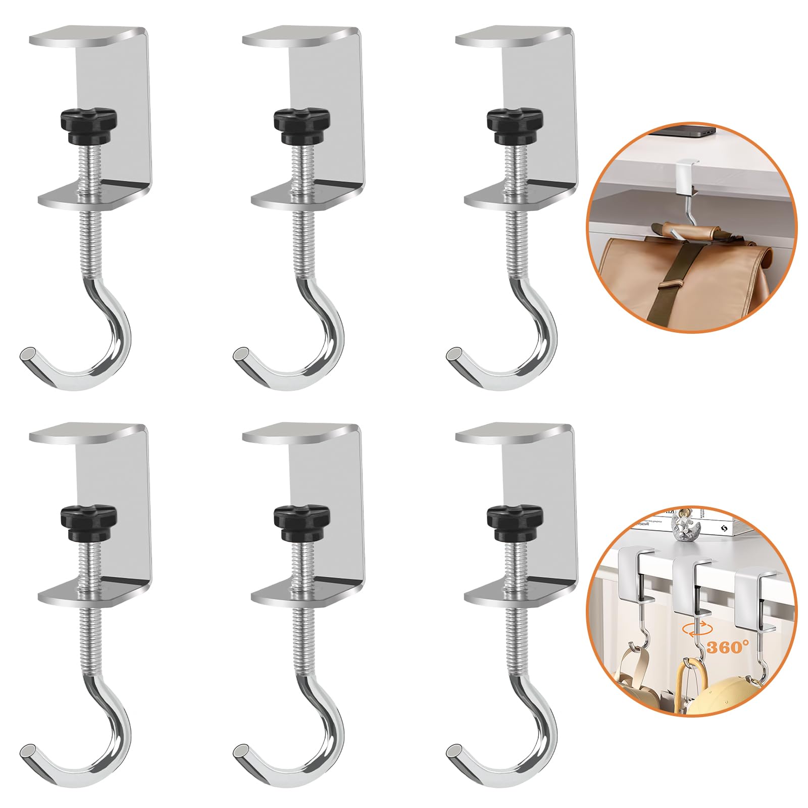 6-Pack Heavy Duty Adjustable Metal Desk Hooks for Hanging Bags & Backpacks - Space Saving Organizer for Office, Classroom, Dorm & Home Use