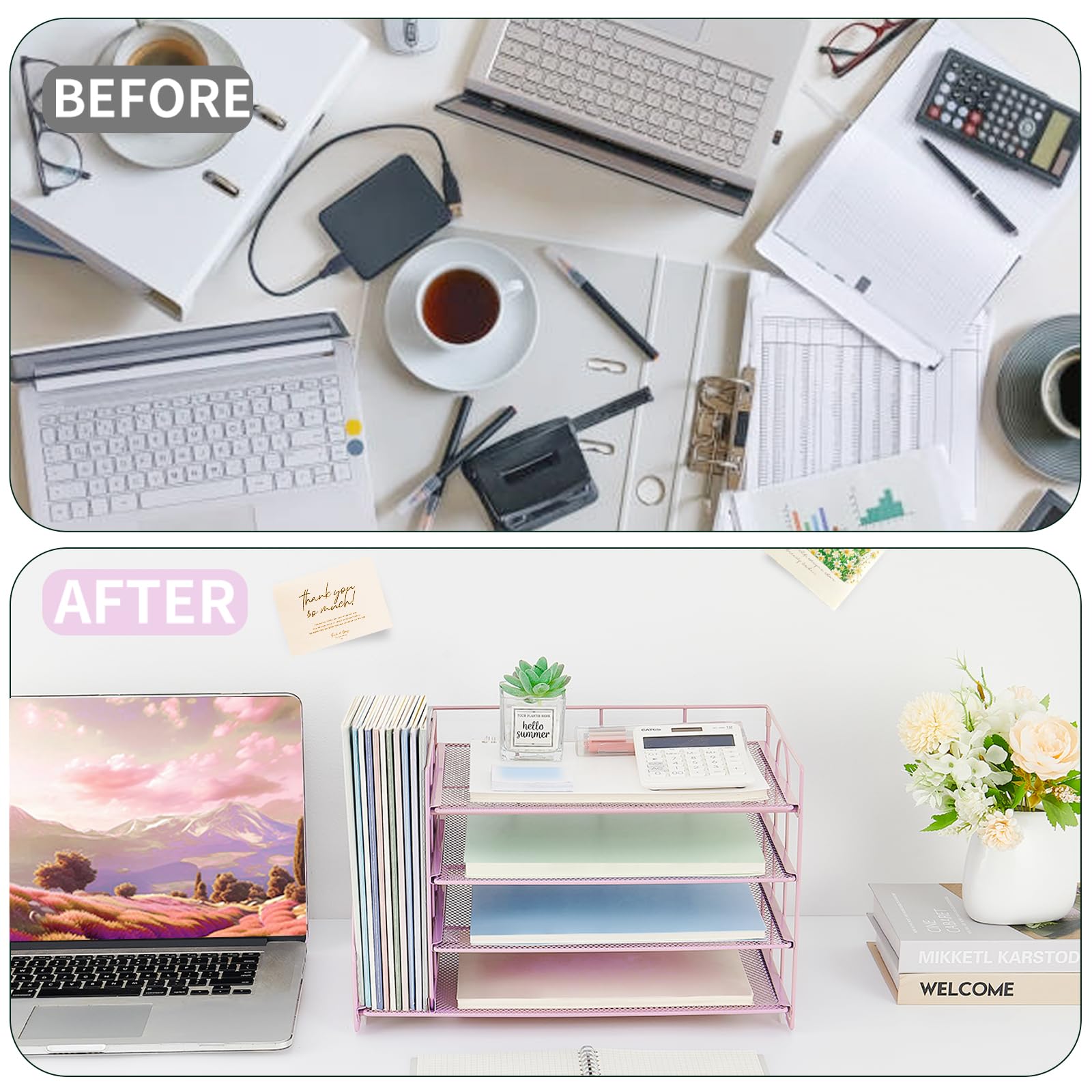 OPNCIE 4-Tier Paper Letter Tray File Organizer - Pink Office Desk Organizer for Documents, Mail & Supplies | Perfect for Classroom, Home Office & Workspace Organization