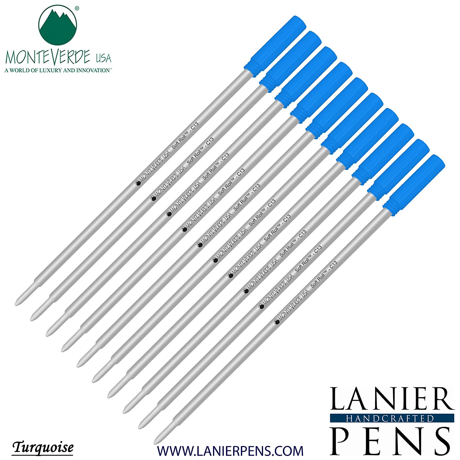 Monteverde Soft Roll Ballpoint Pen Refills - 10 Pack C13 Paste Ink Refills Compatible with Cross Style Pens - Medium Tip 0.7mm Turquoise - Perfect for Office, School, Journaling & Everyday Writing