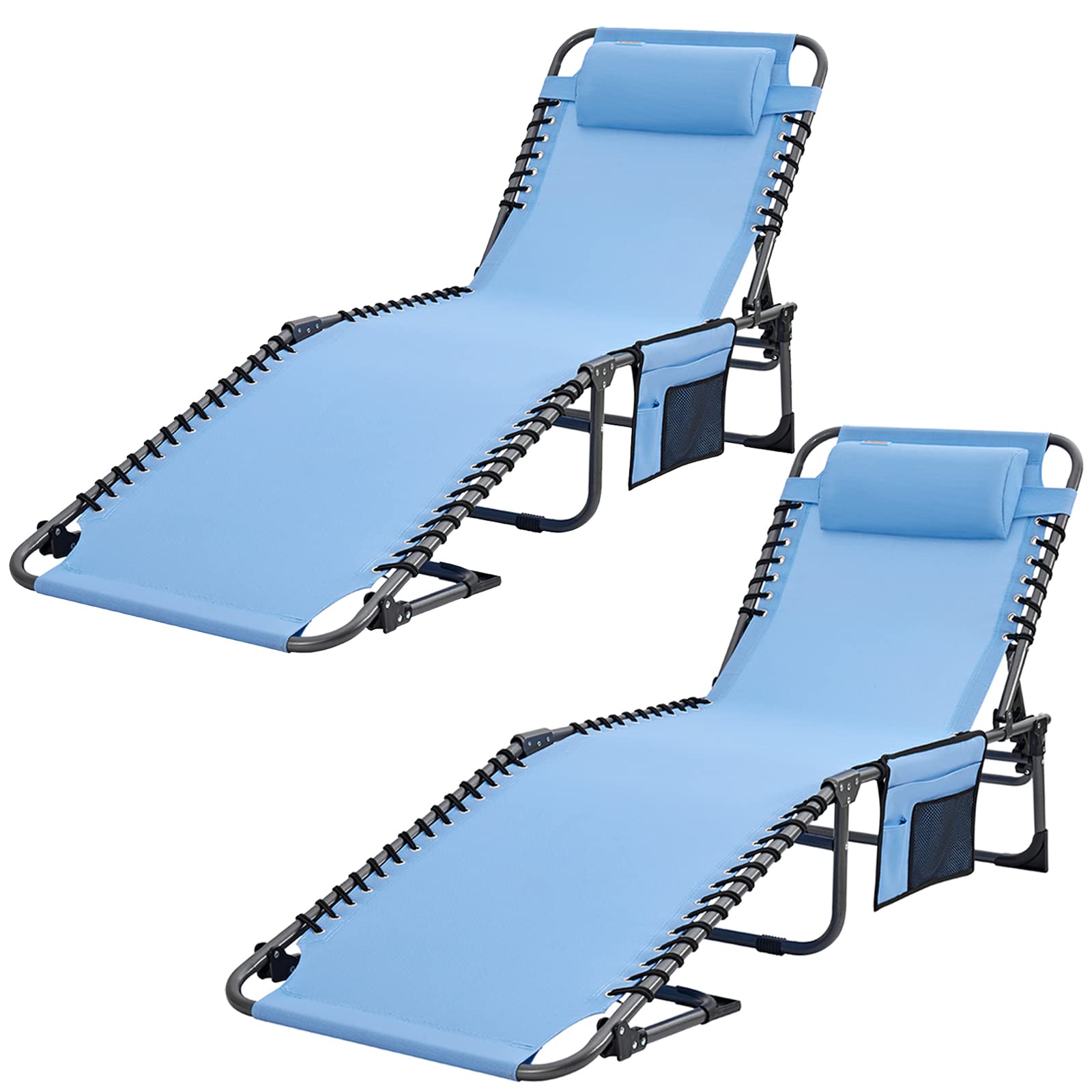 2 Pack Outdoor Folding Camping Chaise Lounge Chairs - Portable Beach Chairs with Adjustable 4-Position & Pillow - Perfect for Patio, Lawn, Beach, Pool & Sunbathing (Blue) - Lightweight & Compact for Camping, Picnics & Backyard Relaxation
