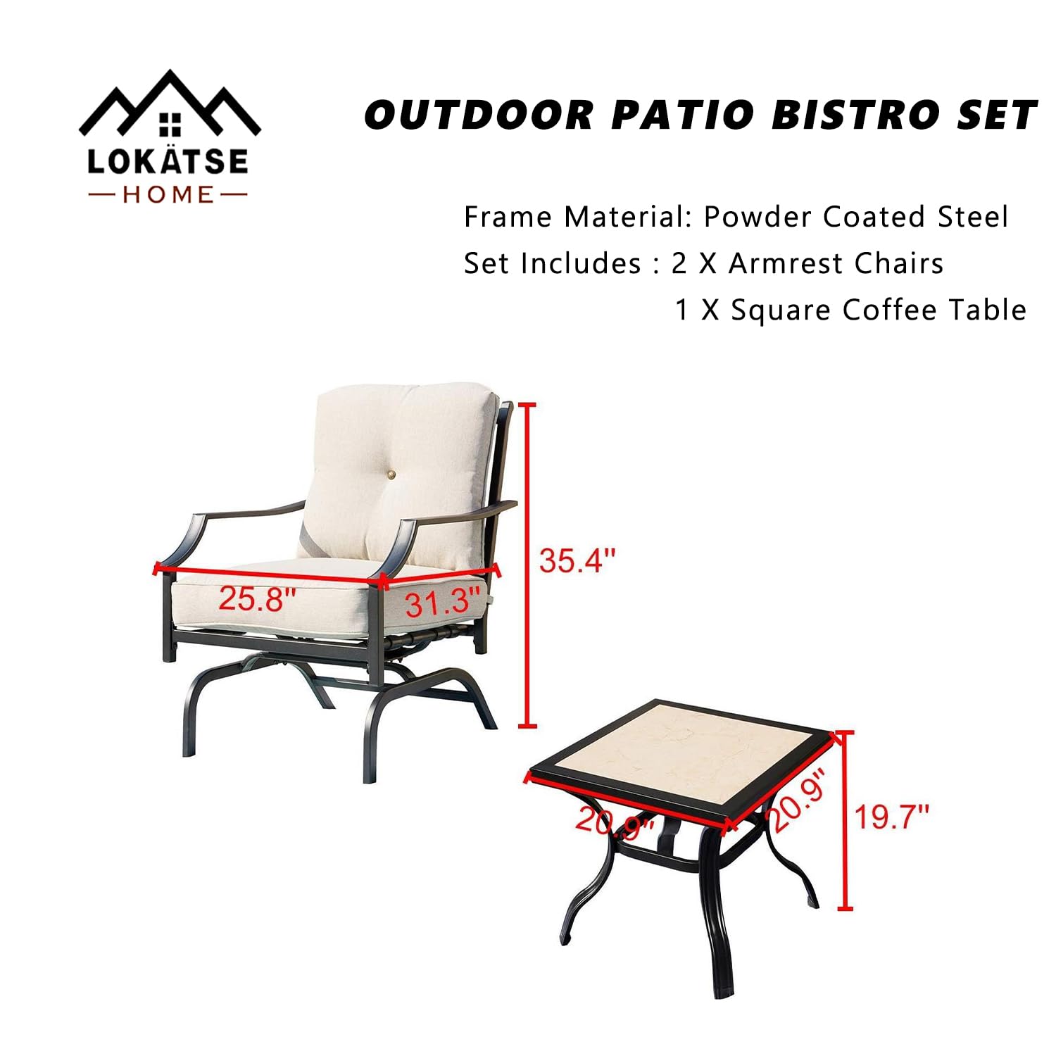 LOKATSE HOME 3-Piece Outdoor Patio Bistro Set - Metal Frame Armchair with Cushion & Square Coffee Table, Beige - Perfect for Garden, Balcony, and Backyard Relaxation