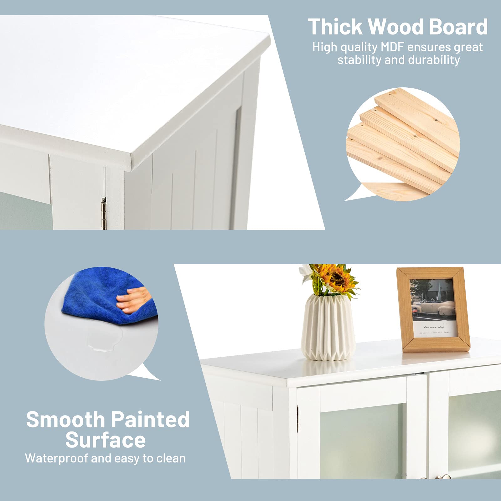 Tangkula Freestanding Bathroom Floor Cabinet with Glass Doors - Adjustable Shelf Wood Storage Cabinet for Bathroom, Kitchen, Hallway, Living Room & Office - Perfect for Organizing Towels, Toiletries & Home Decor (White)