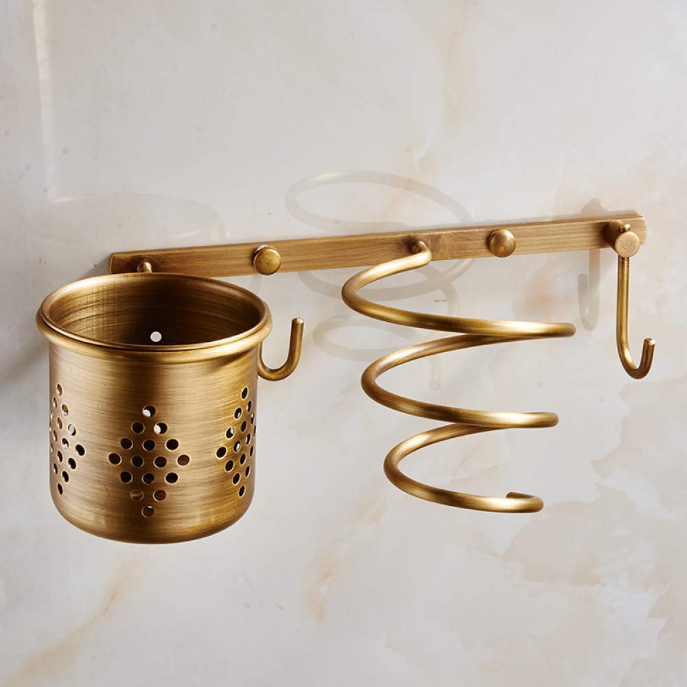 Antique Brass Wall Mounted Hair Dryer Holder - Bathroom Shelf & Organizer for Blow Dryer Storage - Perfect for Small Bathroom, Vanity & Washroom Accessories