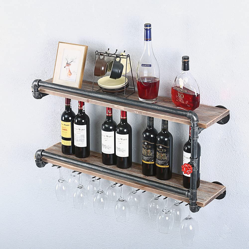 Rustic Industrial Pipe Wine Glass Rack - Wall Mounted 2-Tier Shelf with 7 Stem Holder (36 Inch) - Perfect for Kitchen, Bar, Dining Room & Wine Cellar Organization