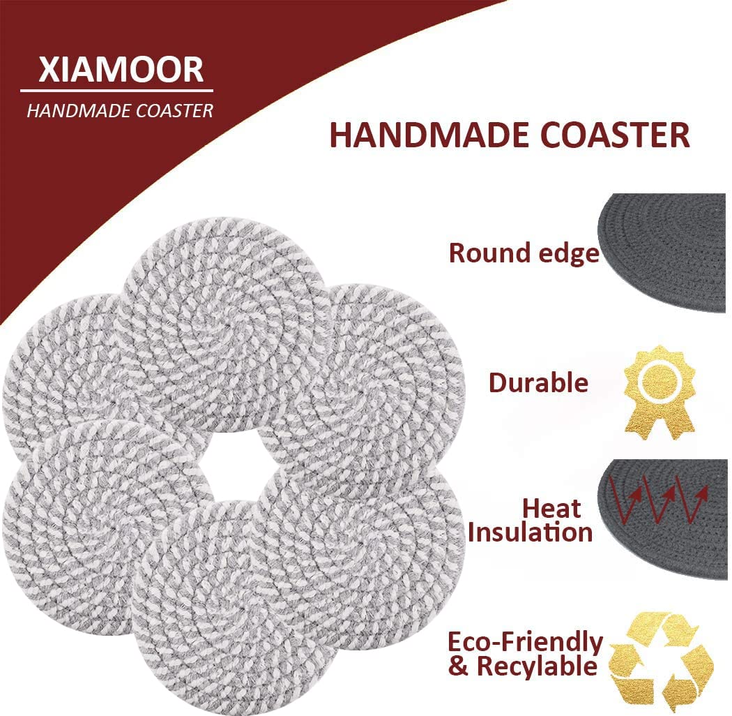 Handmade Braided Super Absorbent Drink Coasters - 6 Pack (4.3 Inch Round, 8mm Thick) Heat-Resistant Beverage Coasters for Coffee, Wine & Cocktails - Perfect Housewarming Gift (Mixed Gray) - Ideal for Dining Tables, Coffee Bars & Home Decor