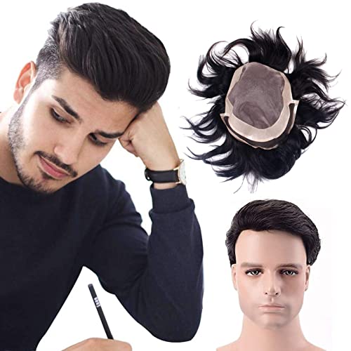 Kabello 9x7 Front Lace Pre-Cut Human Hair Wig for Men - Real Hair Patch with Free Tape & Clips - Natural Black Color - Perfect for Daily Wear, Hair Loss Solutions & Cosplay