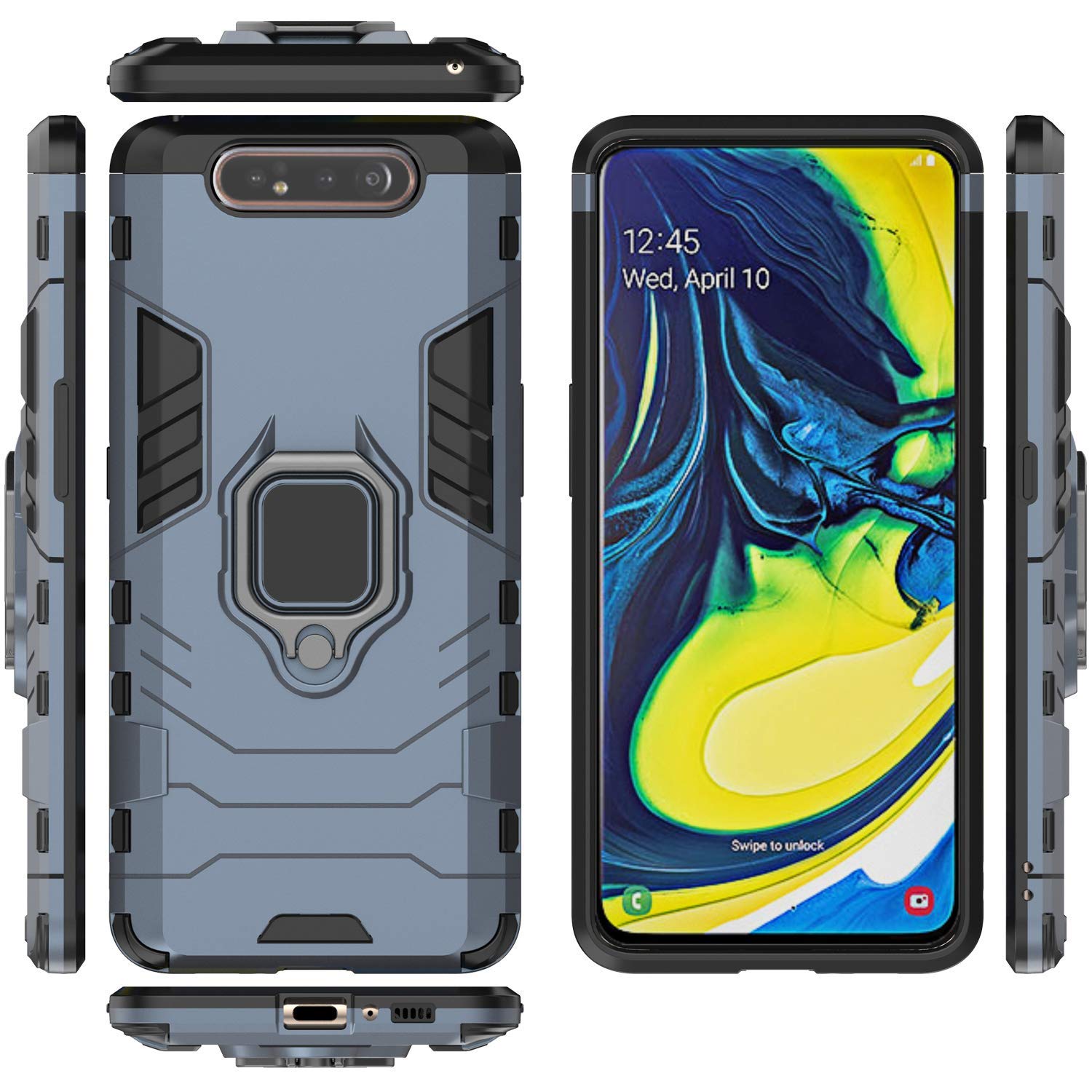Samsung Galaxy A80 & A90 Shockproof Case with Metal Ring Kickstand - Rugged Dual Layer Hard Bumper Cover (Navy Blue) | Magnetic Car Mount Compatible | Perfect for Outdoor Activities, Travel & Daily Protection