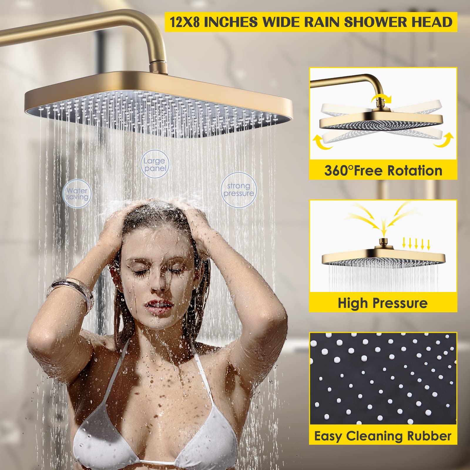 12 x 8 Inches Rain Shower Head with Brushed Gold Exposed Pipe - 3 Function Tub Shower Faucet Set with Handheld Sprayer | Luxury Overhead Shower System for Bathroom Remodel & Spa Experience