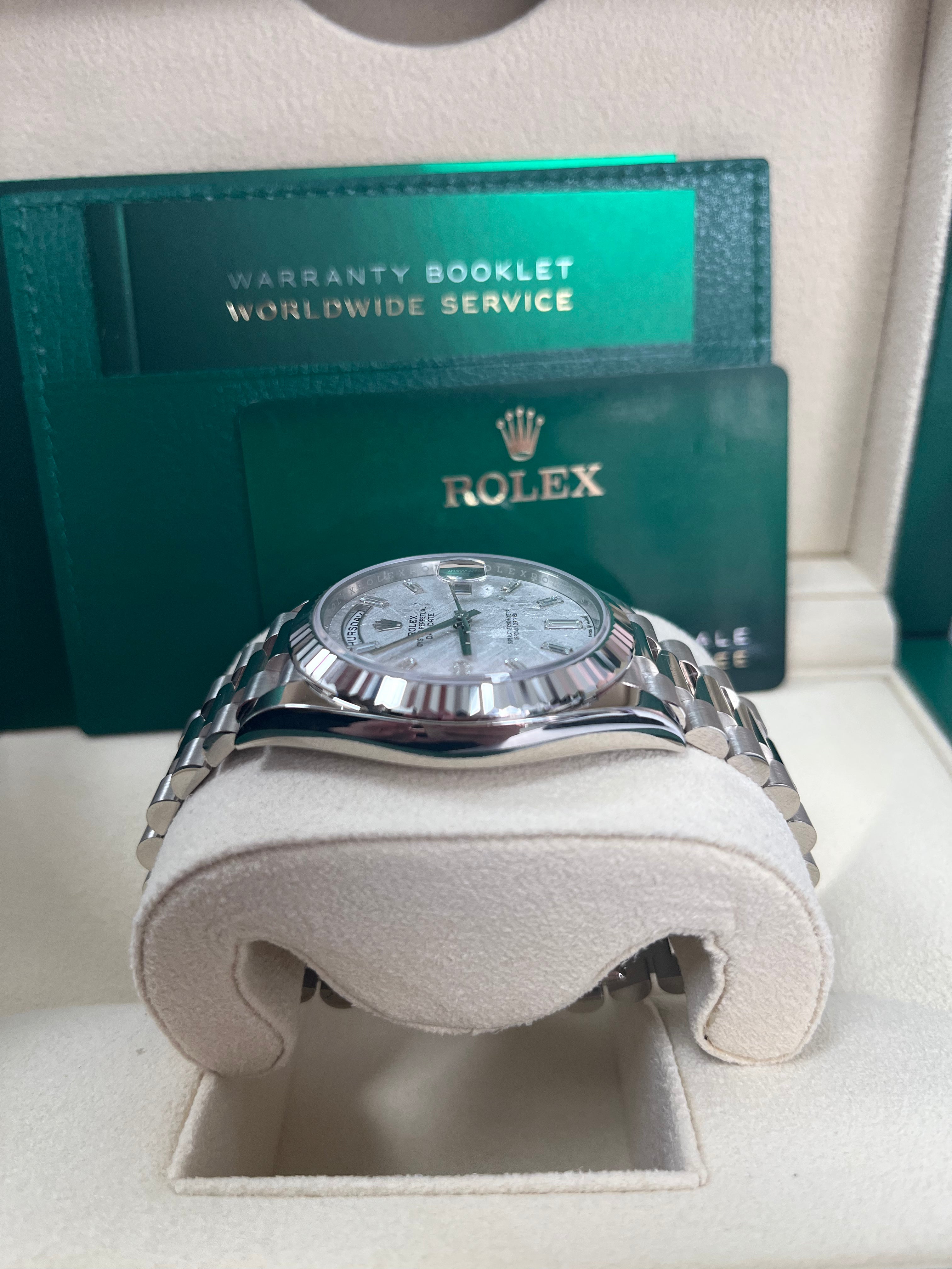 Rolex Day-Date 40mm Men's Watch - Meteorite Baguette Diamond Dial, White Gold Fluted Bezel, Ref. 228239 | Luxury Dress Watch for Business & Formal Occasions