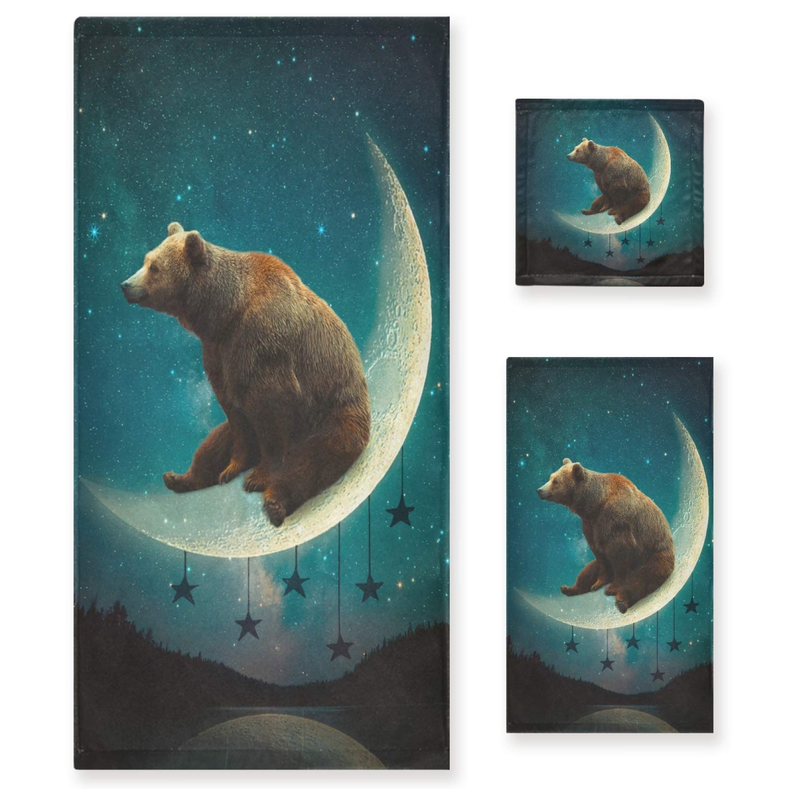 ALAZA 3-Piece Moon Bear Towel Set - Soft Hand Towel, Bath Towel, Washcloth for Face, Kitchen & Bathroom Decor - Perfect Housewarming Gift for Guests & Tea Time