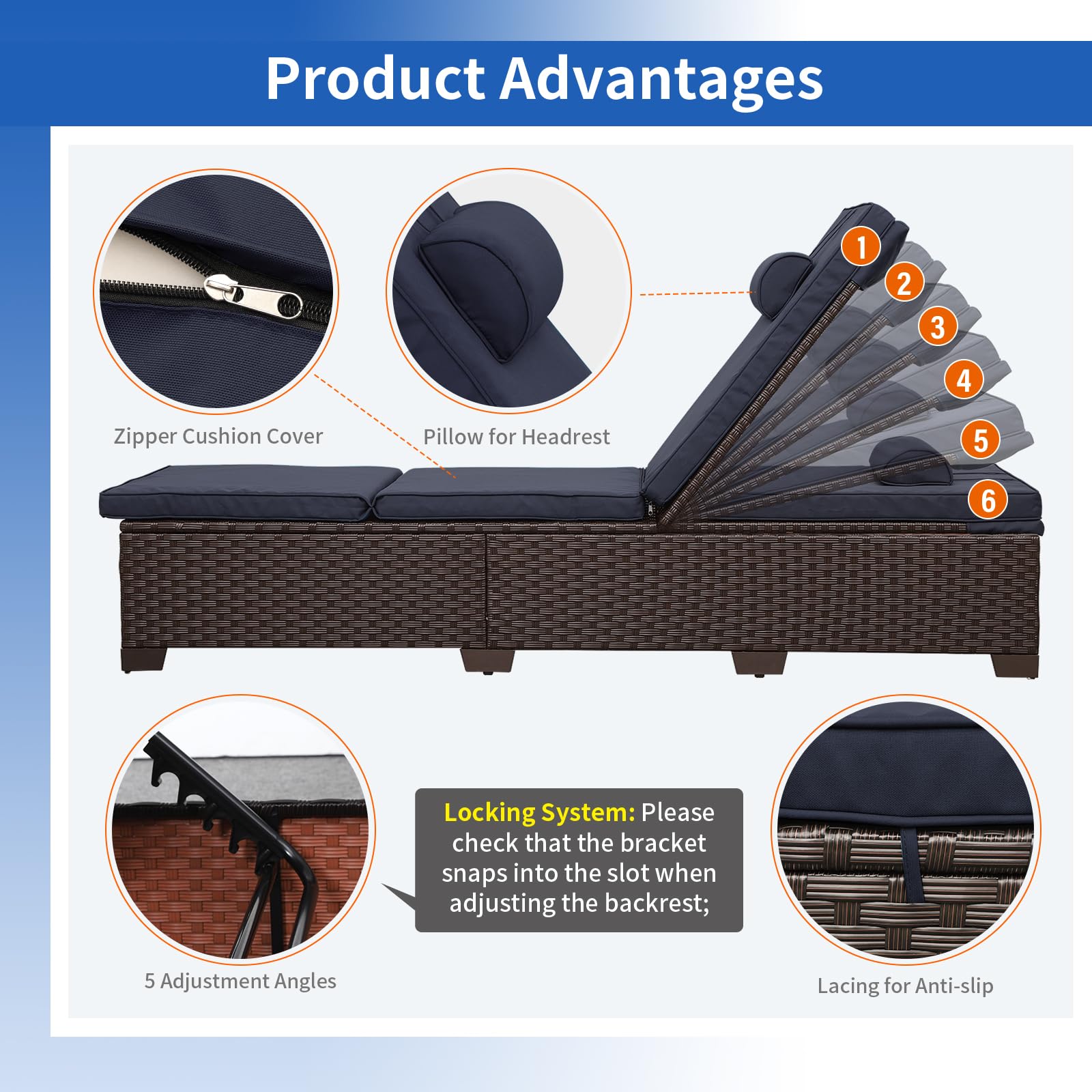 2-Piece Brown Wicker Outdoor Chaise Lounge Set - Adjustable Backrest with Blue Cushions & Headrest - Perfect for Poolside, Patio, Garden Relaxation