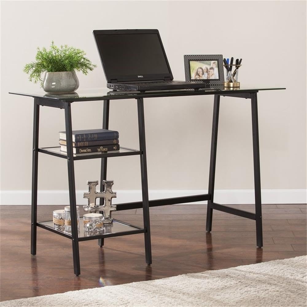 Southern Enterprises SEI Avery Black Metal Writing Desk with Glass Top - Modern Home Office Desk for Small Spaces, Study & Work
