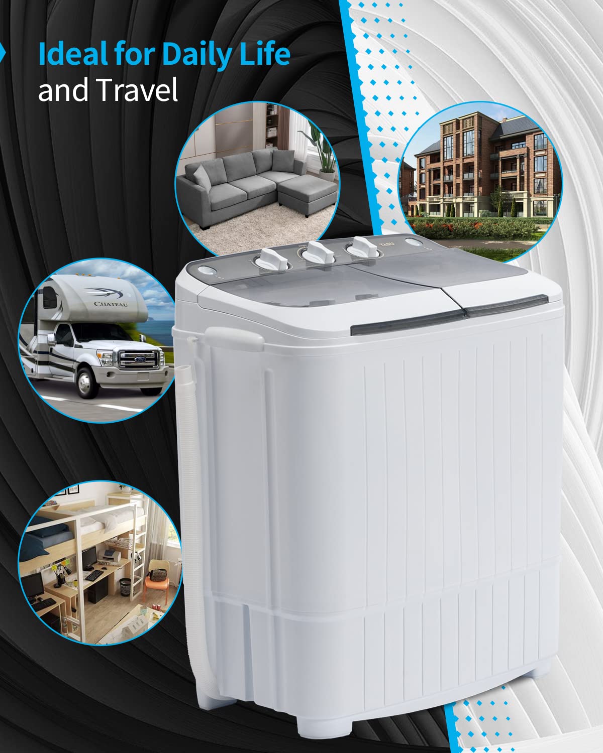 17.6lbs Portable Washing Machine Twin Tub with Spin Dryer - Compact Mini Washer for Apartments, Dorms, RVs & Camping - White & Grey - Perfect for Small Spaces, Travel & Off-Grid Living